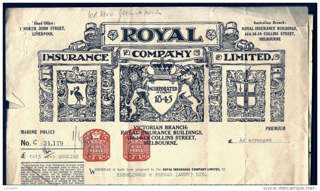 DOCUMENT AUSTRALIE : MELBOURNE-ROYAL INSURANCE COMPANY AVEC TIMBRE 1934- FRET PEAUX DE MOUTONS- 3 SCANS - Australia