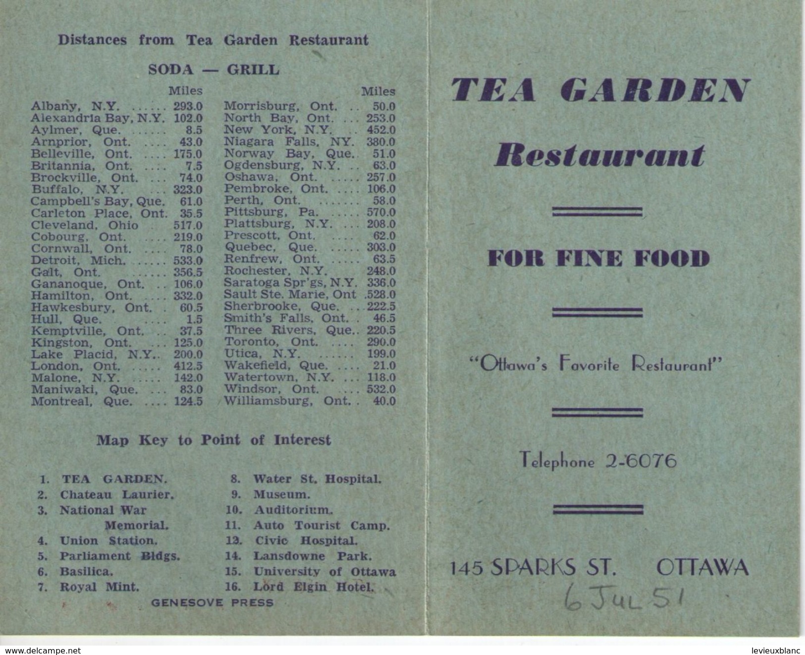 Carte Commerciale à 2 Volets/ Restaurant "Tea Garden"/ OTTAWA/ Canada / For Fine Food/ /1951      CAC112 - Canada