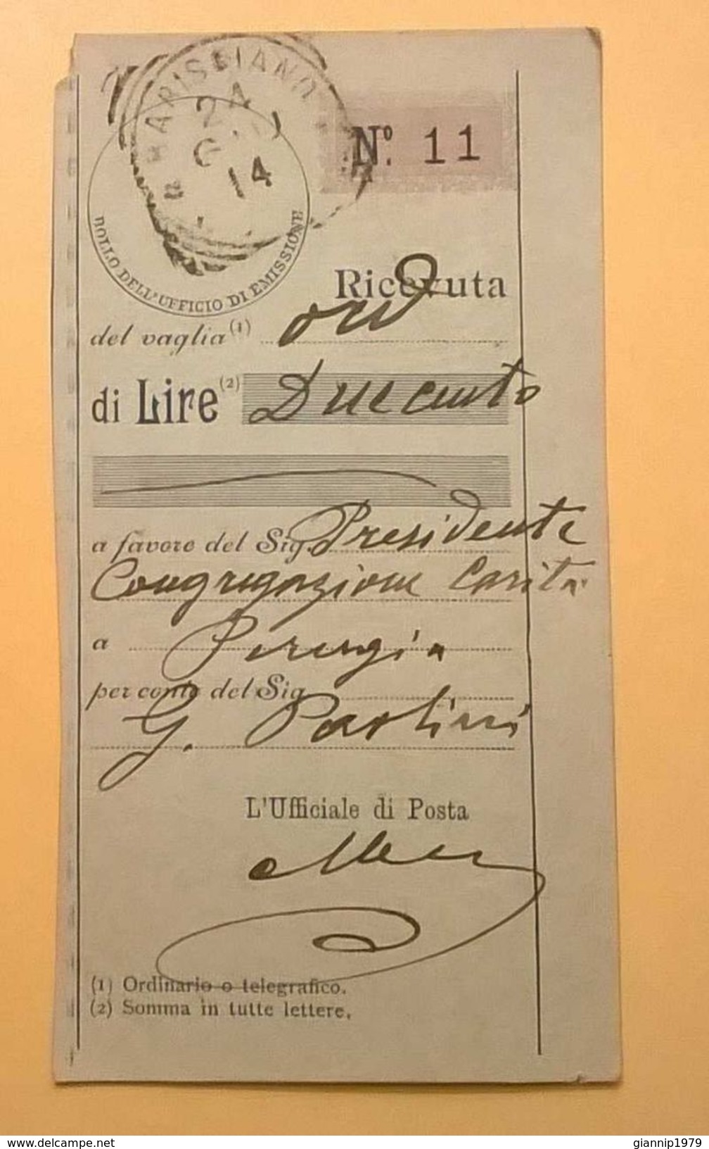 VAGLIA POSTALE RICEVUTA ARISCIANO 1914 ANNULLO TIMBRO TONDO CON RIGHE IN QUADRATO - Taxe Pour Mandats