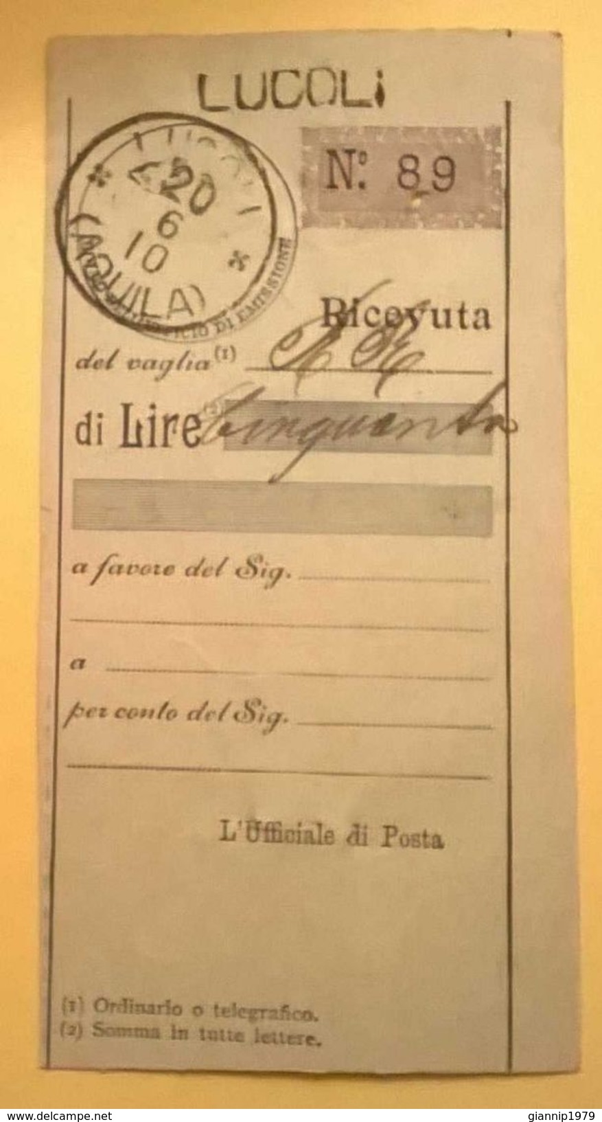 VAGLIA POSTALE RICEVUTA LUCOLI 1910 AQUILA - Taxe Pour Mandats