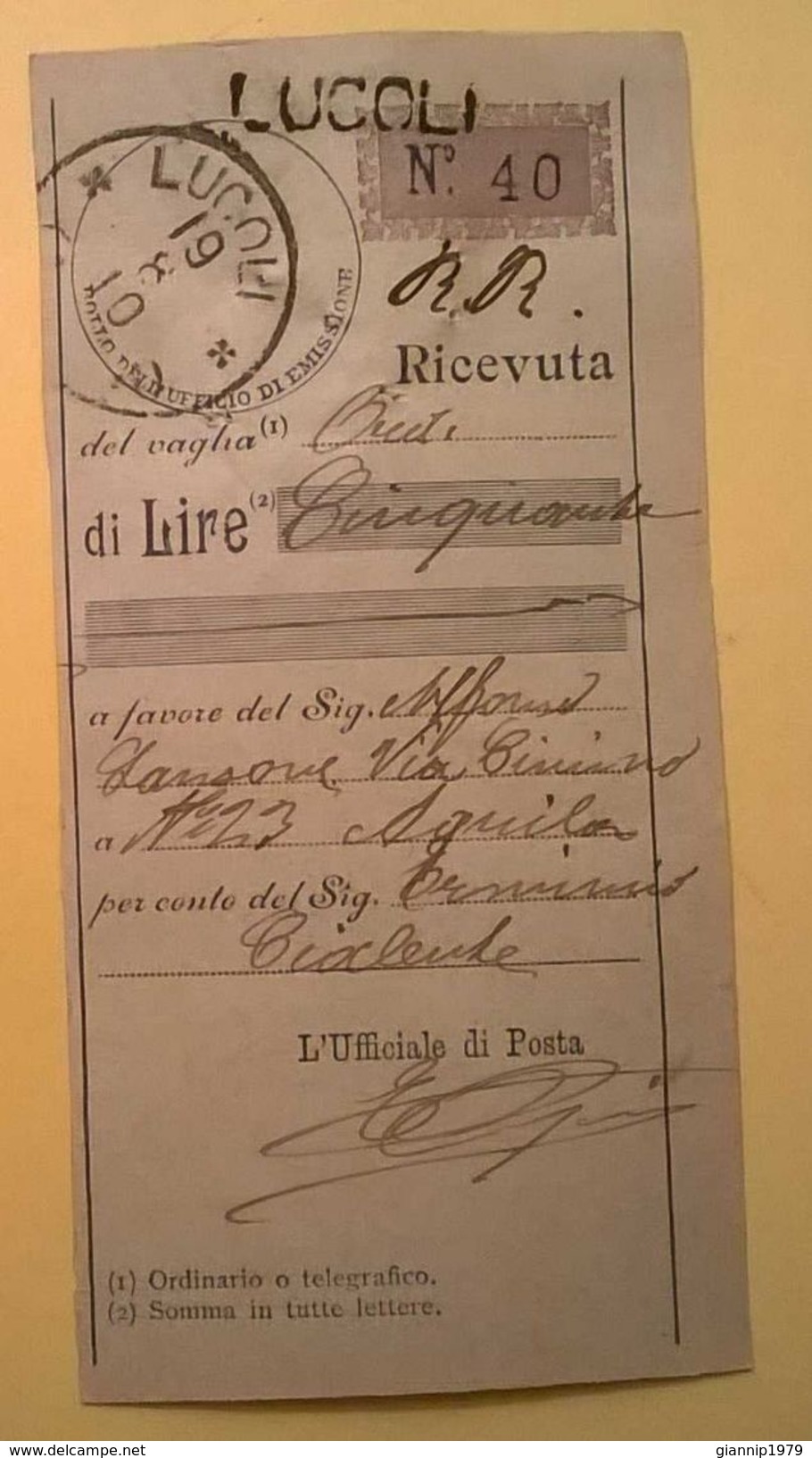 VAGLIA POSTALE RICEVUTA LUCOLI 1910 AQUILA - Tax On Money Orders