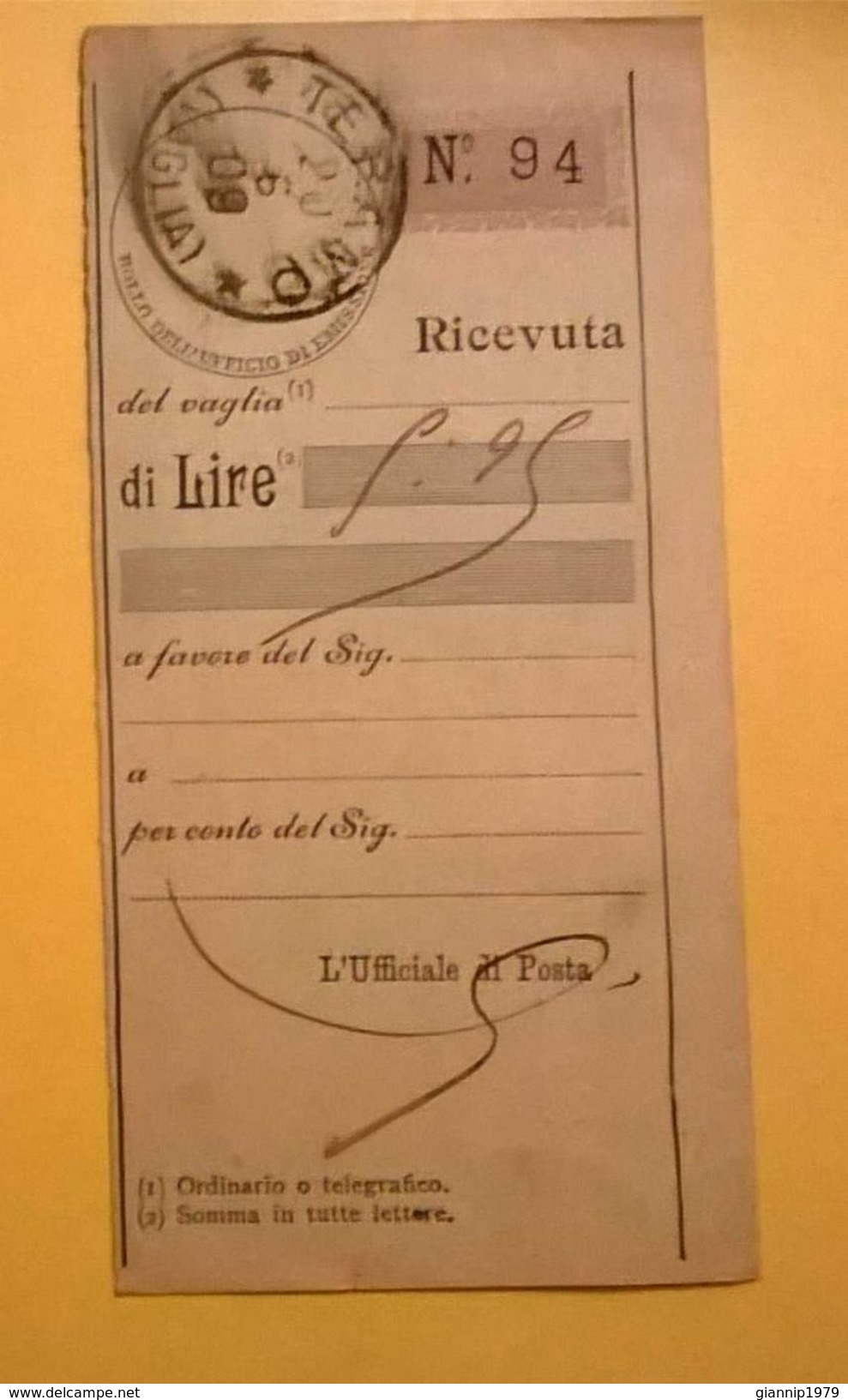 VAGLIA POSTALE RICEVUTA TERAMO 1909 - Tax On Money Orders