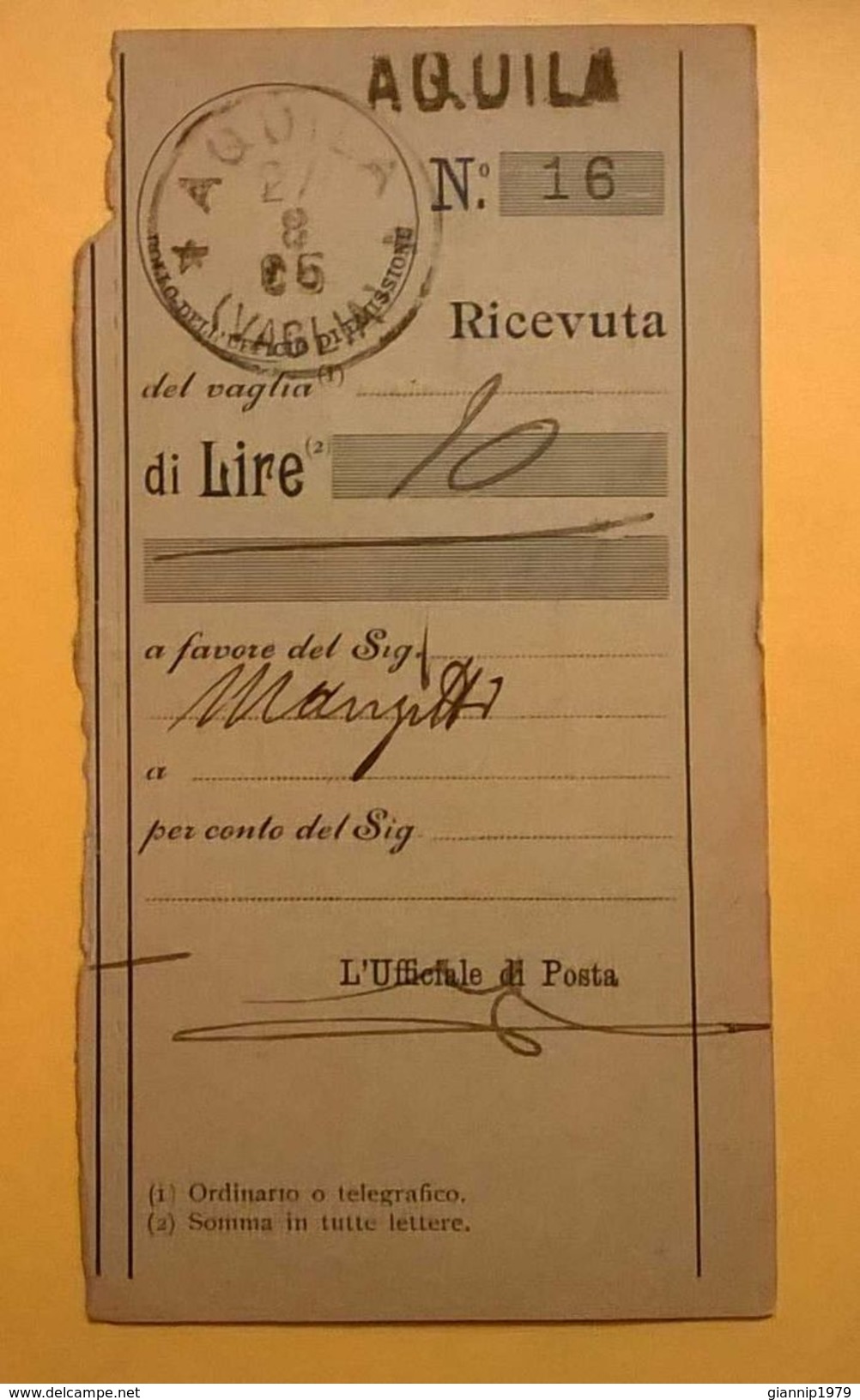 VAGLIA POSTALE RICEVUTA AQUILA 1905 - Tax On Money Orders