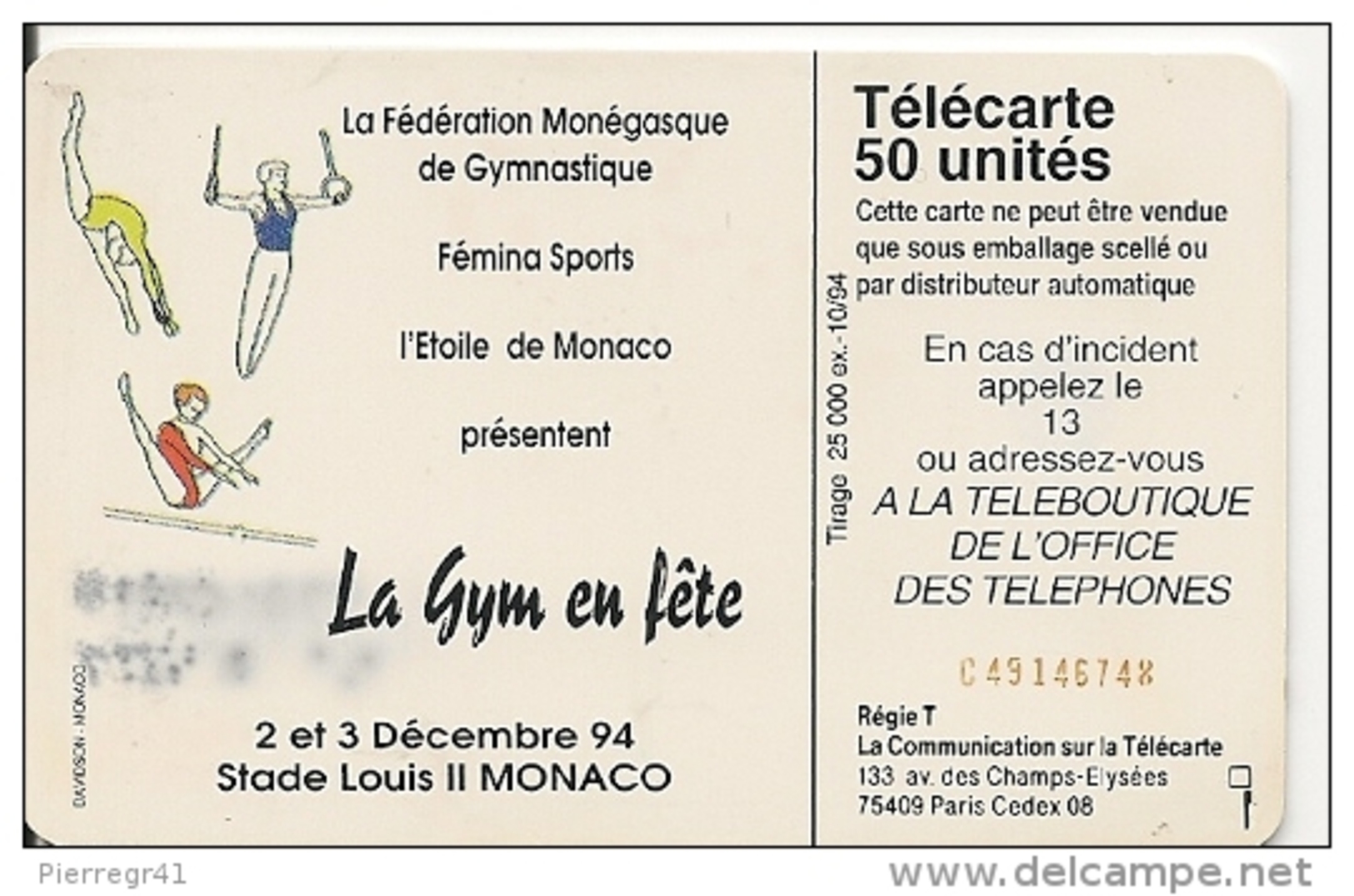 CARTEà-PUBLIC-MONACO-50U-MF32-SC7-10/94-GALA GRACE GYM-V° Rge C491467747-UTILISE-BE - Monaco