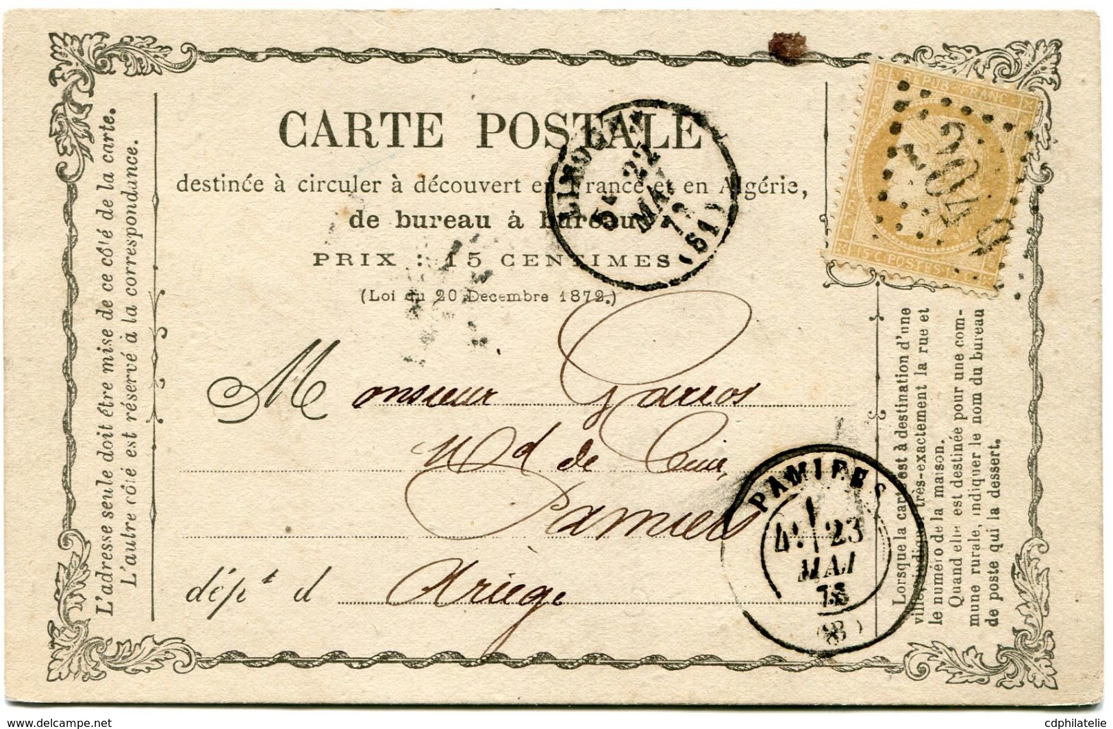 FRANCE CARTE POSTALE PRECURSEUR AFFRANCHIE AVEC UN N°59 OBL. GC 2049 DEPART LIMOGES 22 MAI 73 POUR LA FRANCE - Precursor Cards