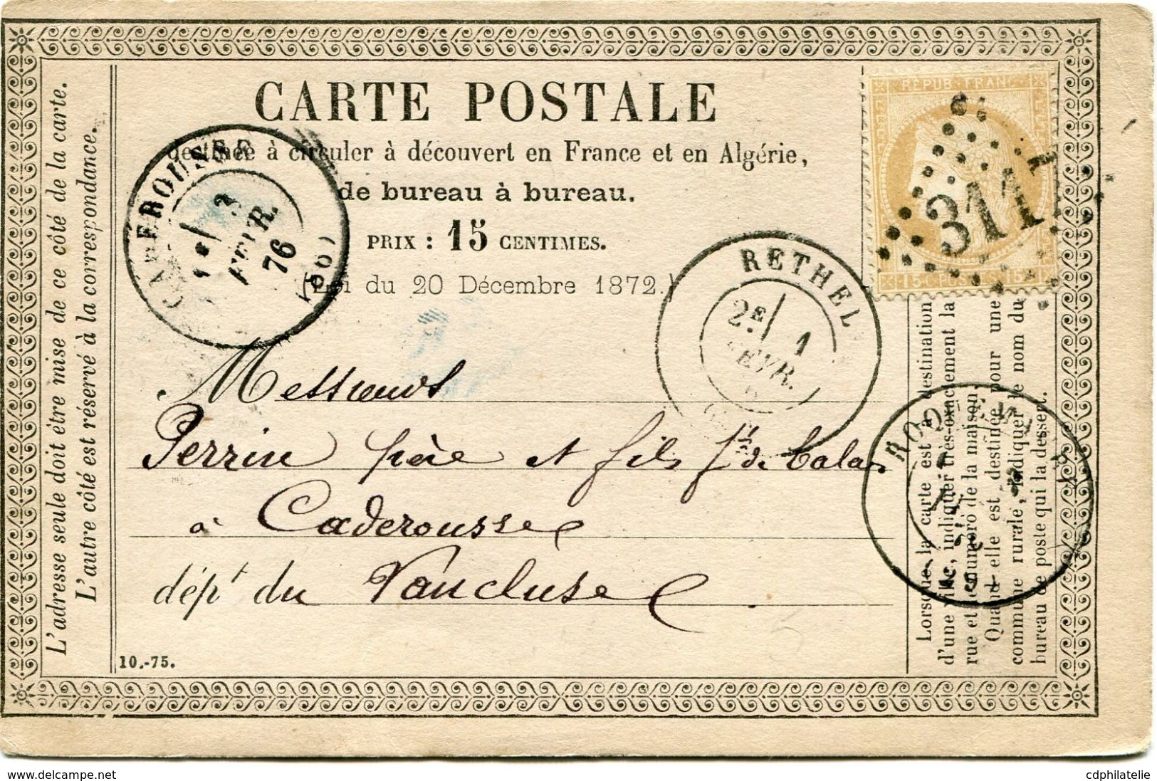 FRANCE CARTE POSTALE PRECURSEUR AFFRANCHIE AVEC UN N°55 OBL. GC 3117 DEPART RETHEL 1 FEVR 76 POUR LA FRANCE - Precursor Cards