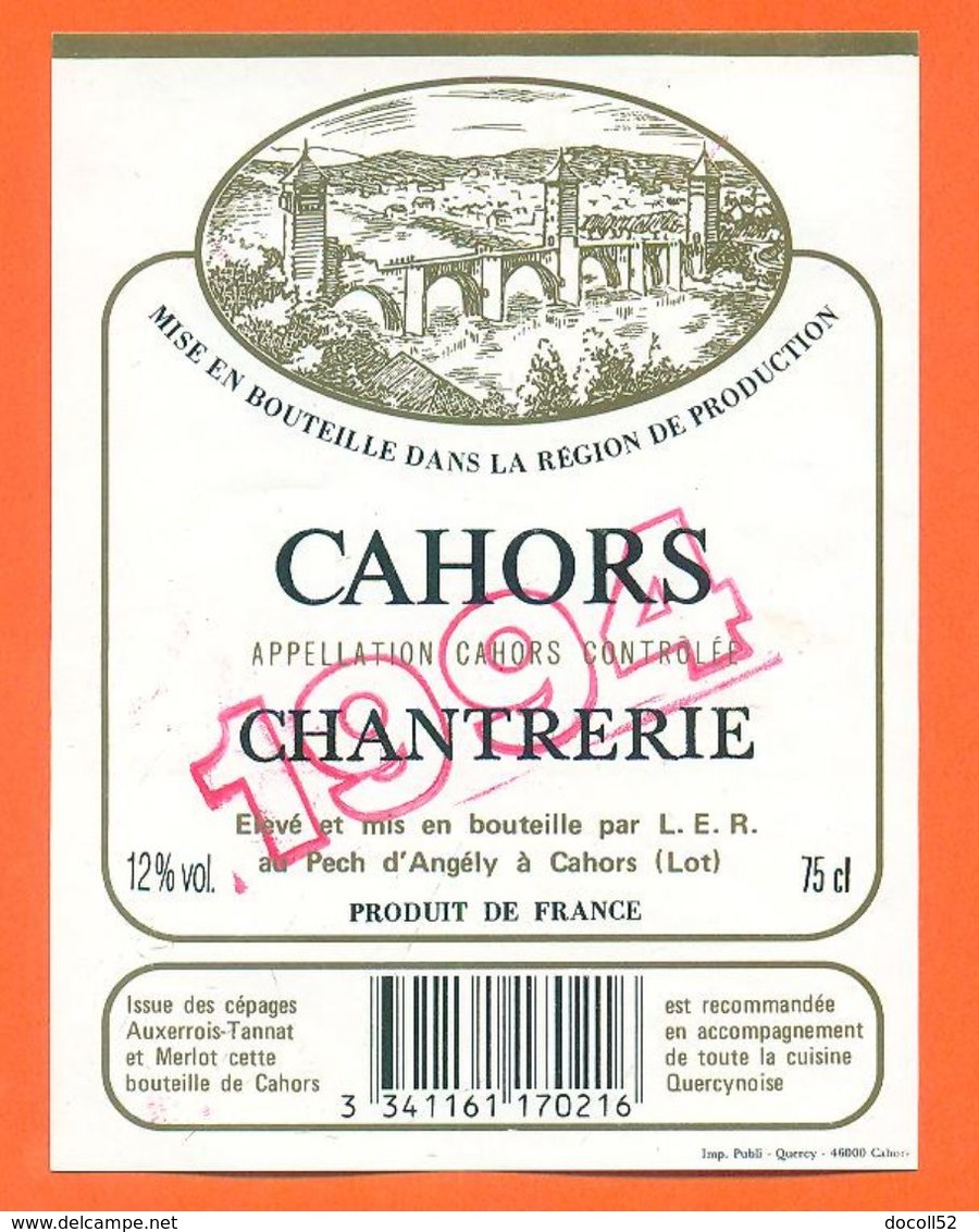 étiquette Vin De Cahors Chantrerie 1994 Le Pech D'angély à Cahors - 75 Cl - Cahors