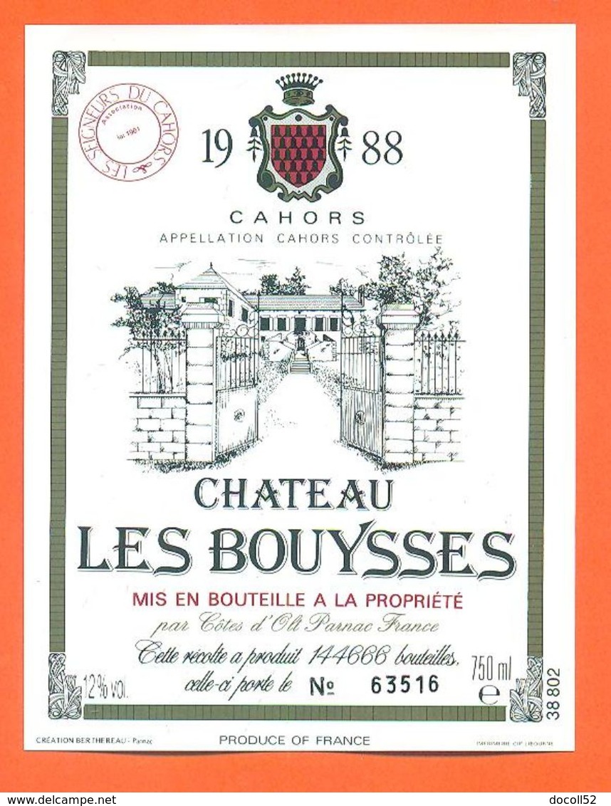 étiquette Vin De Cahors Chateau Les Bouysses 1988 Cotes D'olt à Parnac - 75 Cl - Cahors