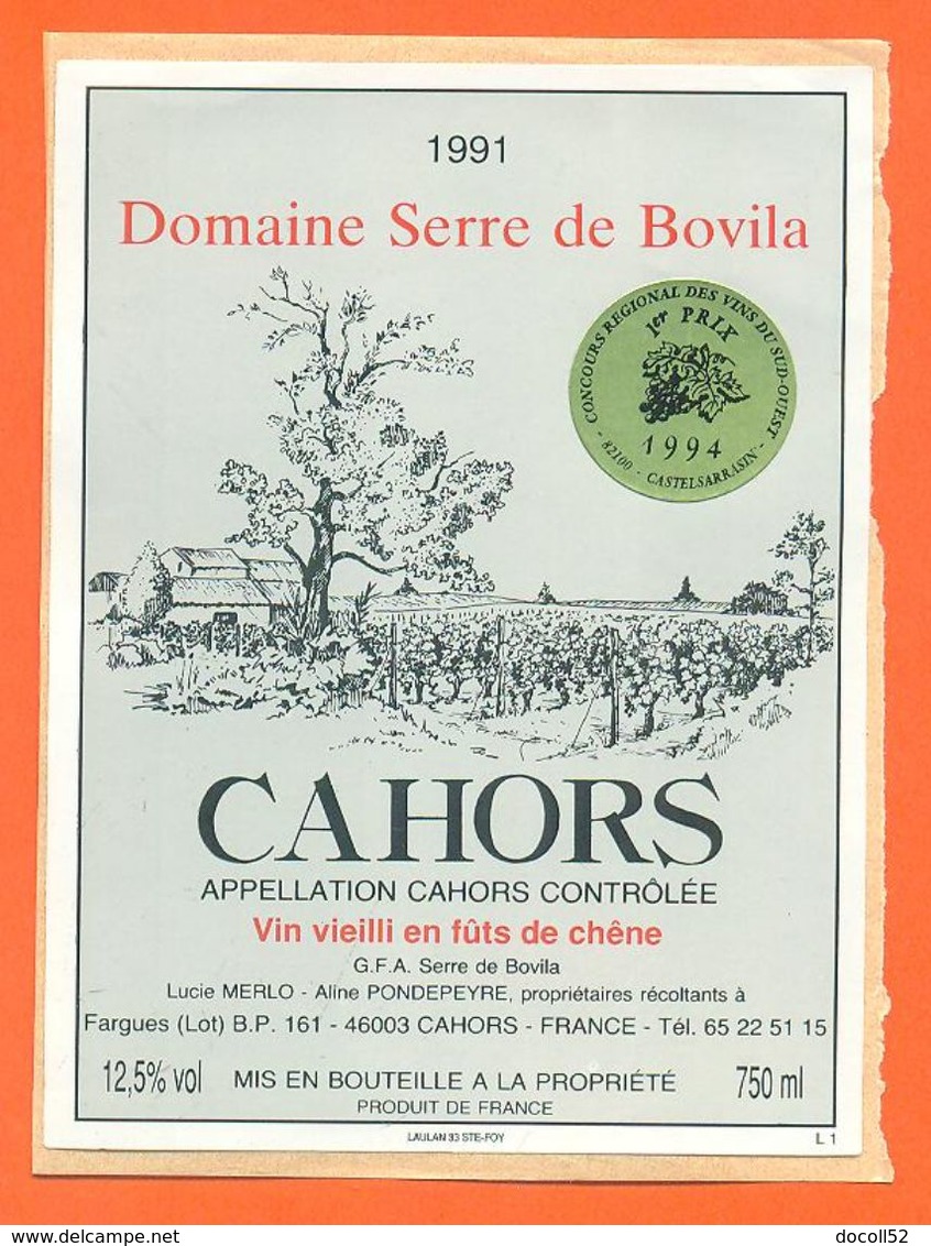 étiquette Vin De Cahors Domaine Serre De Bovila 1991 Lucie Merlo à Fargues - 75 Cl - Cahors