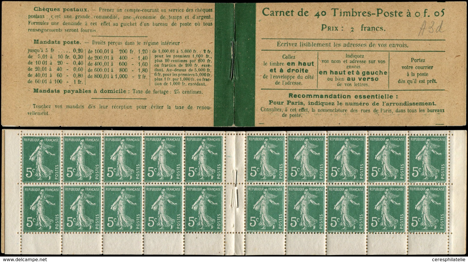 CARNETS (N°Cérès Jusqu'en1964) 15   Semeuse Camée,  5c. Vert, N°137A, T II, Couv. Avec Texte Sur Les 4 Pages, Découpe Dé - Sonstige & Ohne Zuordnung