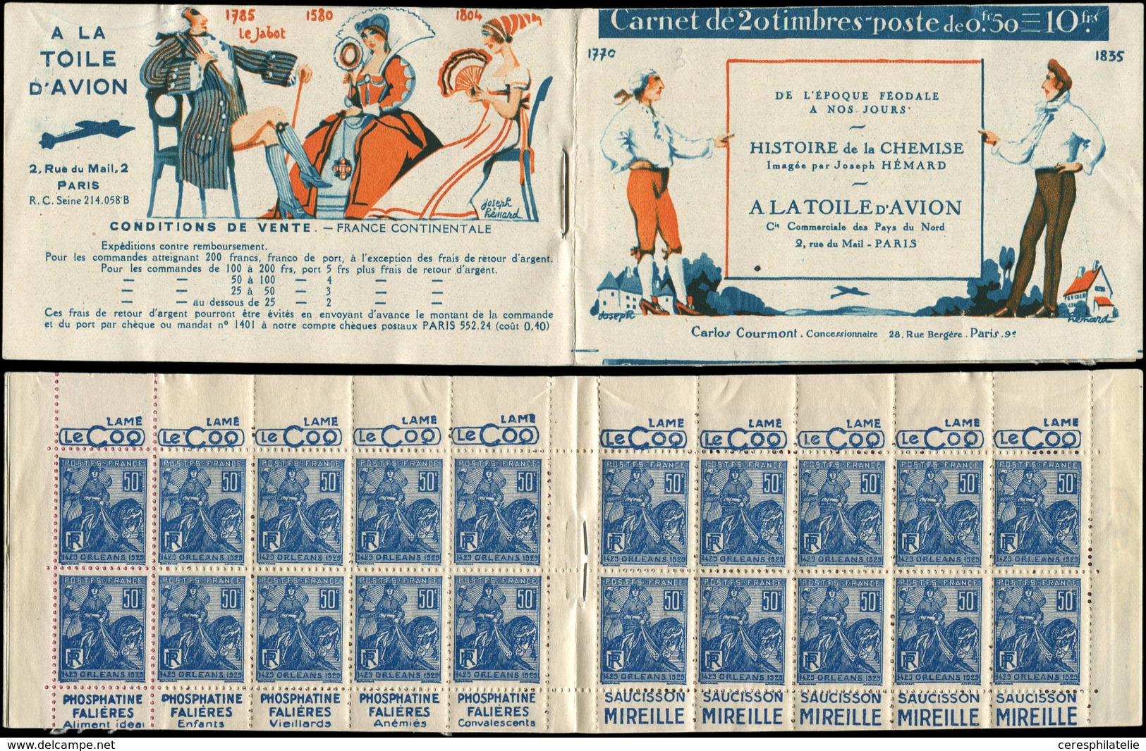 CARNETS (N°Cérès Jusqu'en1964) 144  Jeanne D'Arc, 50c. Bleu, N°257, T I, S. Histoire De La Chemise, A LA TOILE D'AVION, - Sonstige & Ohne Zuordnung