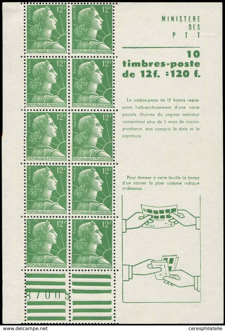 CARNETS (N°Cérès Jusqu'en1964) 279  Muller, 12f. Vert, N°1010, N°87005, TTB - Sonstige & Ohne Zuordnung