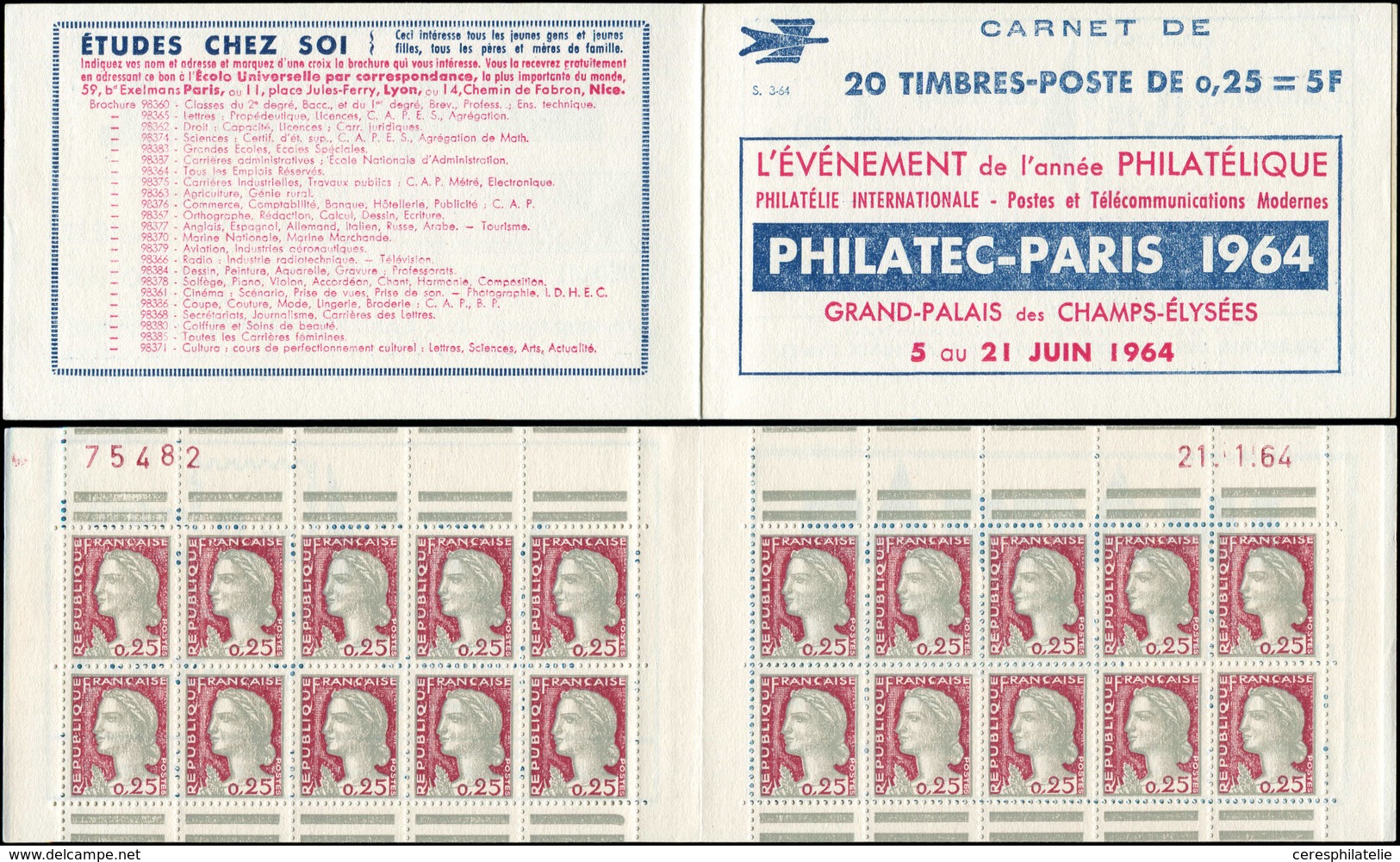 CARNETS (N°Cérès Jusqu'en1964) 371  Marianne De Decaris, 0,25 Gris Et Grenat, N°1263, T I, S. 3-64, PHILATEC, Daté 21/1/ - Sonstige & Ohne Zuordnung