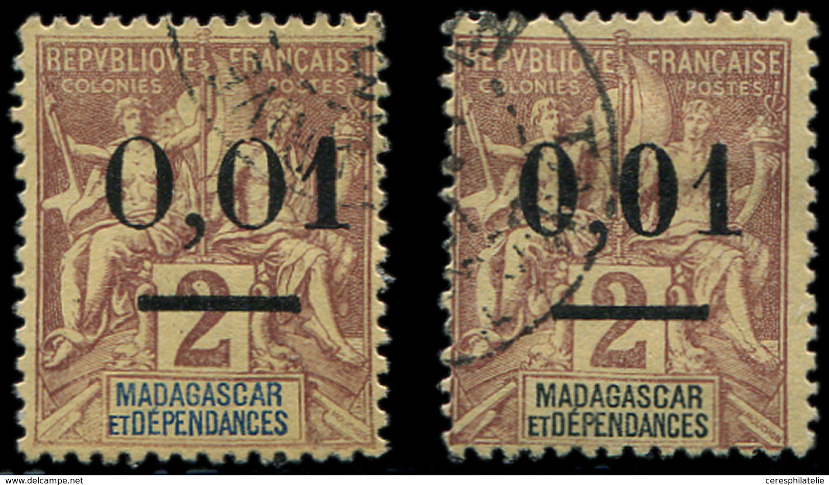 MADAGASCAR 51 : 0,01 Sur 2c. Lilas-brun Sur Paille, Petit Zéro + Gros Zéro, Obl., TB - Sonstige & Ohne Zuordnung