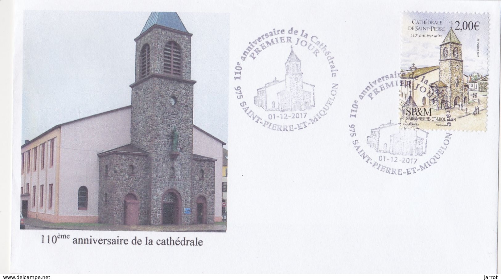 FDC Cathédrale De SPM Obl 1er Décembre 2017 Timbre Sur Enveloppe + Petite - FDC