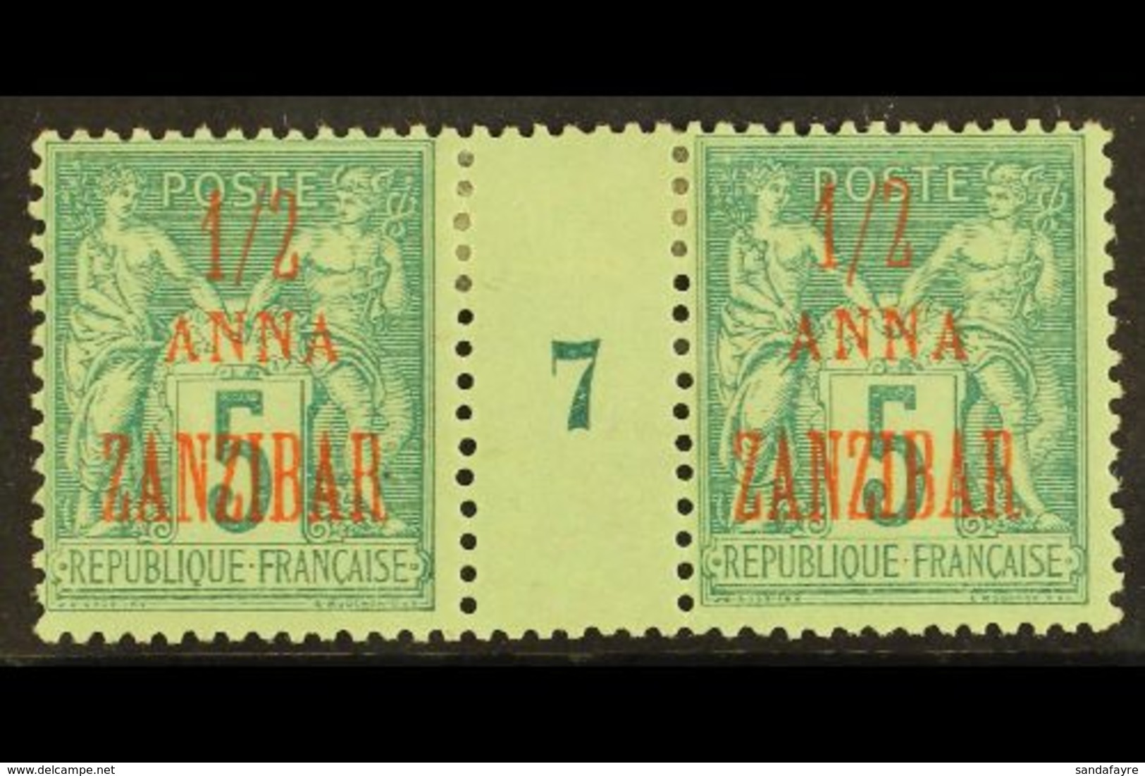 ZANZIBAR 1896-1900 ½a On 5c Green Type II (1897) MILLESIME (Number 7) PAIR, Yvert 17, Very Fine Mint For More Images, Pl - Autres & Non Classés