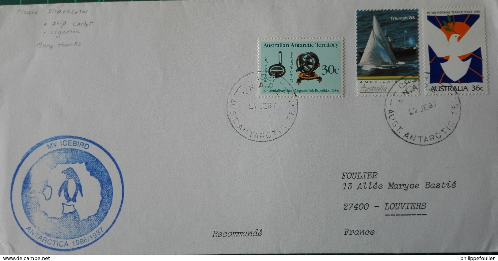 AAT Casey 27/01/87 Cover  - MV Icebird  - Autralian  + Aat Stamps - Covers & Documents