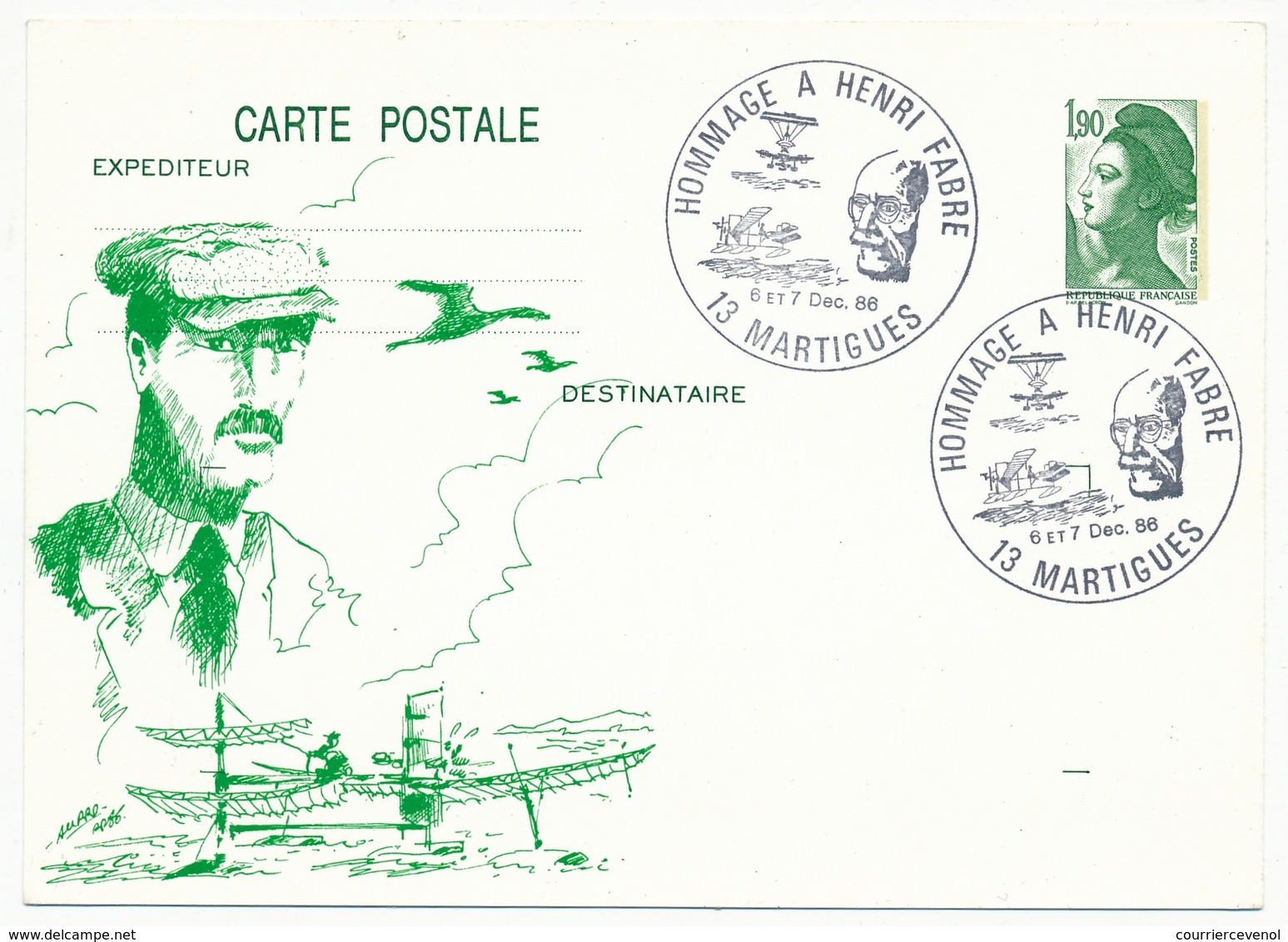 Entier Repiqué - 1,90 Liberté - Hommage à Henri Fabre - Martigues 1986 - Cartes Postales Repiquages (avant 1995)