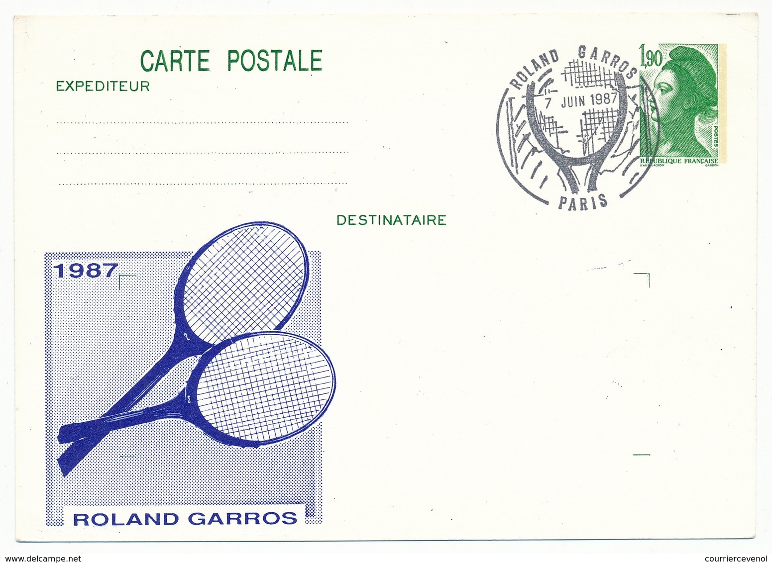 Entier Repiqué - 1,90 Liberté - (Tennis) ROLAND GARROS - Paris - 1987 - Cartes Postales Repiquages (avant 1995)