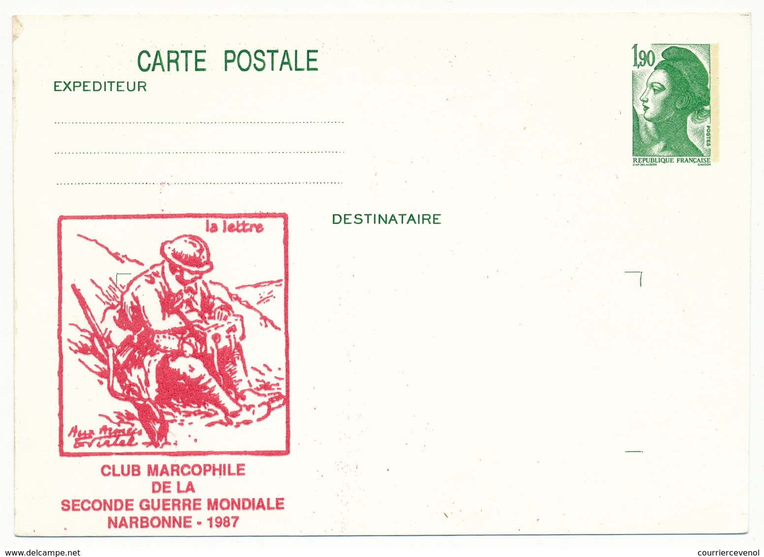 Entier Repiqué - 1,90 Liberté - Club Marcophile 2eme Guerre Mondiale - Narbonne 1987 (Entier Neuf) - Cartes Postales Repiquages (avant 1995)