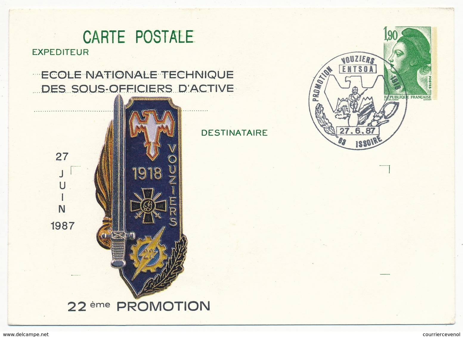 Entier Repiqué - 1,90 Liberté - Ecole Nationale Technique Des Sous-Officiers D'Active - ISSOIRE - 1987 - Cartes Postales Repiquages (avant 1995)