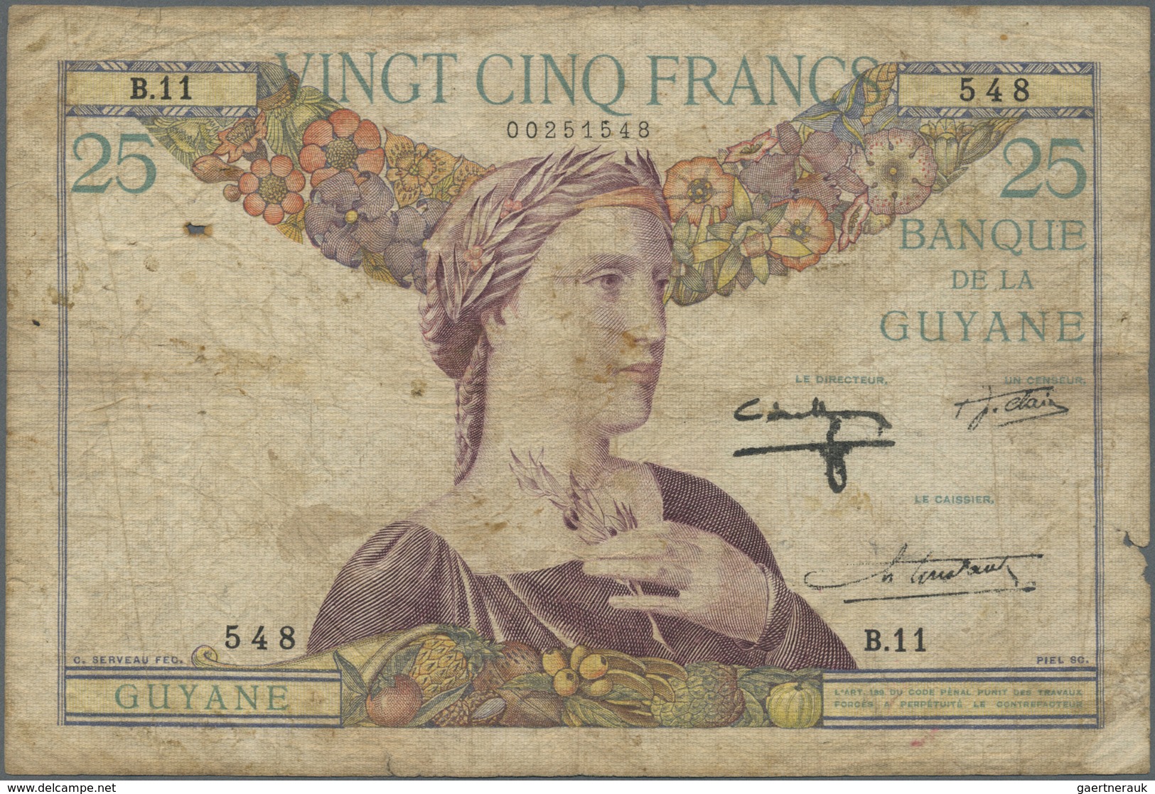 French Guiana / Französisch-Guayana: 25 Francs ND(1933-45) P. 7, Used With Folds, Creases And Stain - Frans-Guyana
