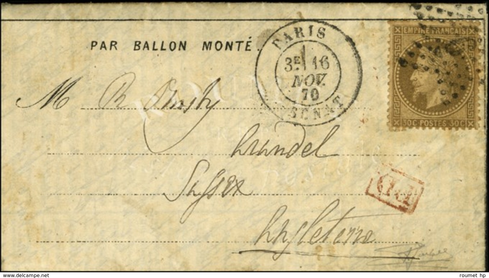 Etoile 6 / N° 30 Càd PARIS / SENAT 16 NOV. 70 Sur Dépêche-ballon N° 6 Pour Arundel (Sussex), Au Verso Càd D'arrivée 24 N - Krieg 1870