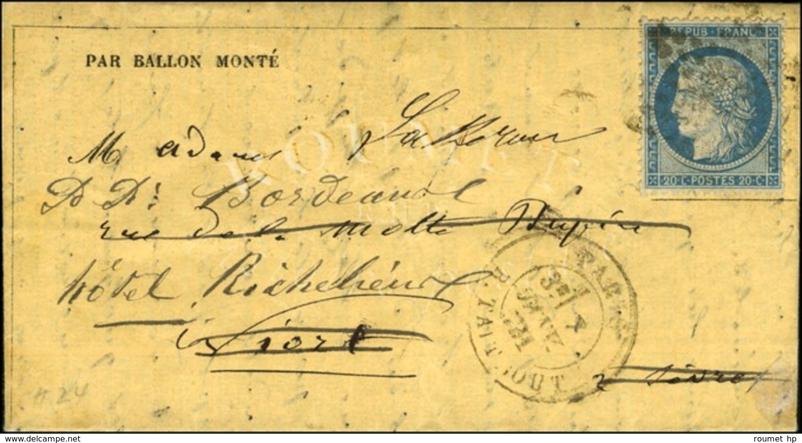 Etoile 22 / N° 37 Càd PARIS / R. TAITBOUT 7 JANV. 71 Sur Gazette N° 24 Pour Niort Réexpédiée à Bordeaux, Au Verso Càd D' - Krieg 1870