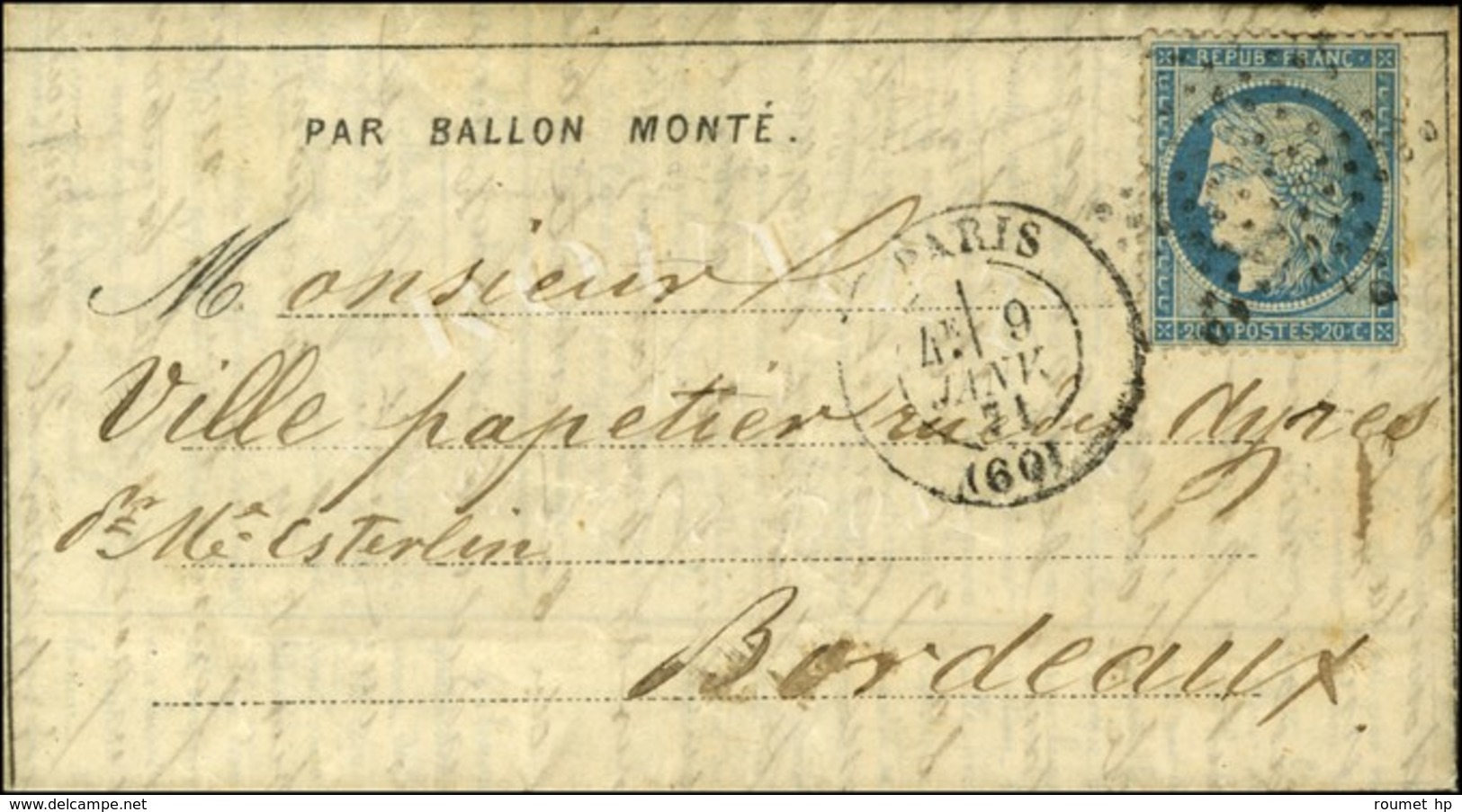 Etoile / N° 37 Càd PARIS (60) 9 JANV. 71 Sur Dépêche-ballon N° 21 Pour Bordeaux, Au Verso Càd D'arrivée 15 JANV. 71. LE  - Krieg 1870