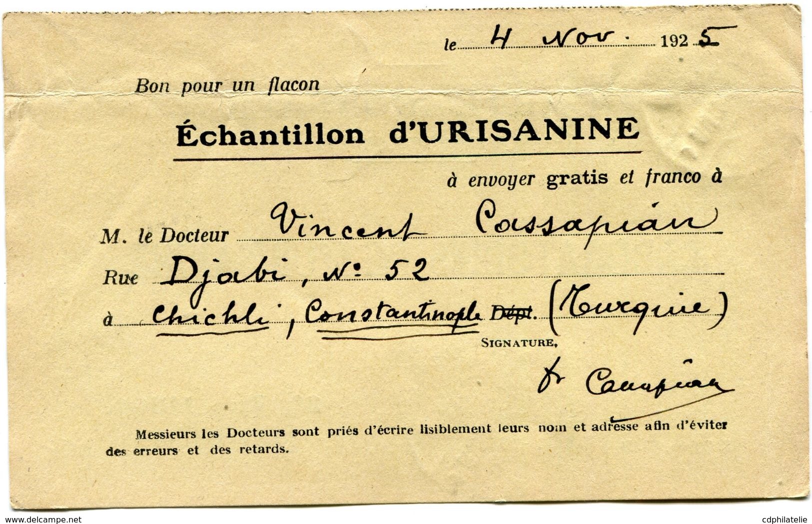 TURQUIE CARTE POSTALE BON POUR UN FLACON ECHANTILLON D'URISANINE DEPART ISTAMBOUL 4-11-25  POUR LA FRANCE - Lettres & Documents