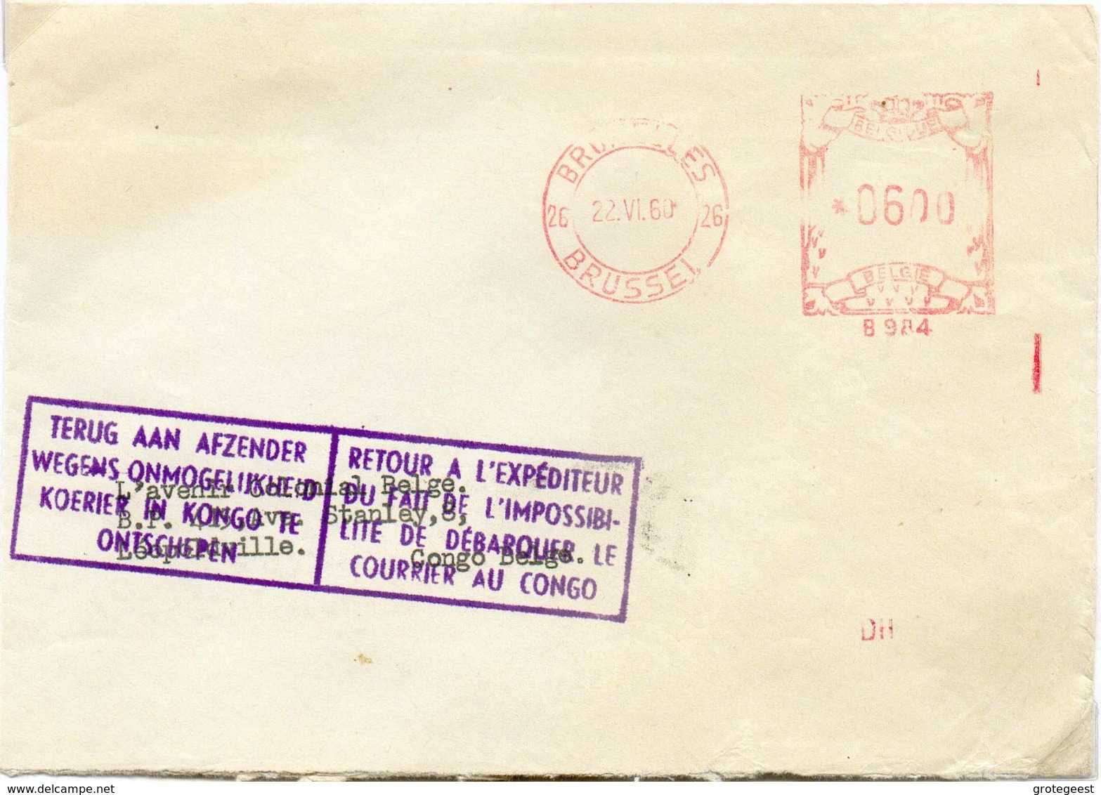 Enveloppe Expédiée De BRUXELLES Le 22-VI-1960 Vers Léopoldville Avec La RR Griffe Violette Bilingue TERUG AAN AFZENDER W - Sonstige & Ohne Zuordnung