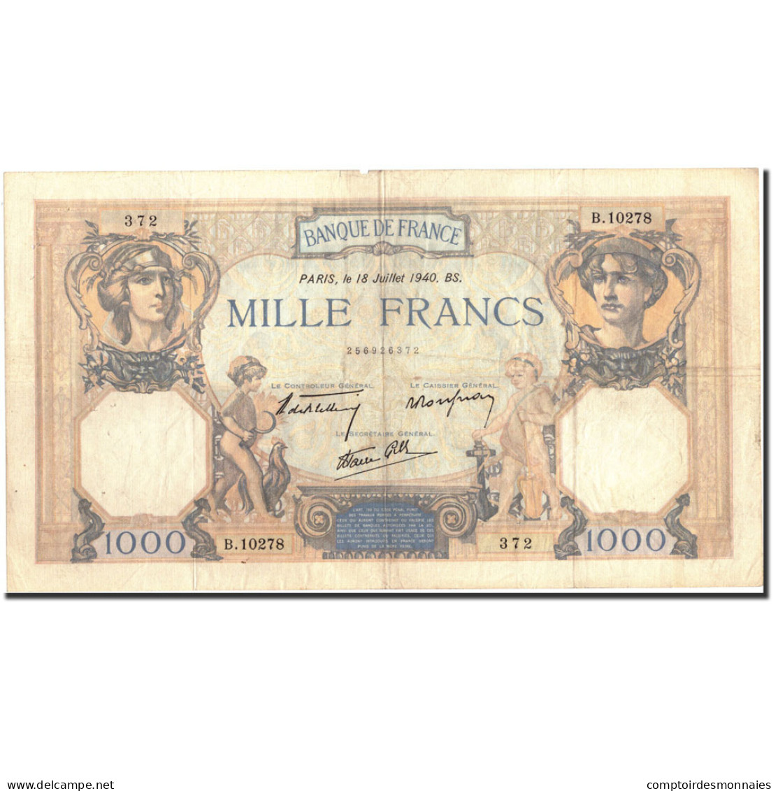 France, 1000 Francs, 1 000 F 1927-1940 ''Cérès Et Mercure'', 1940, 1940-07-18 - 1 000 F 1927-1940 ''Cérès Et Mercure''