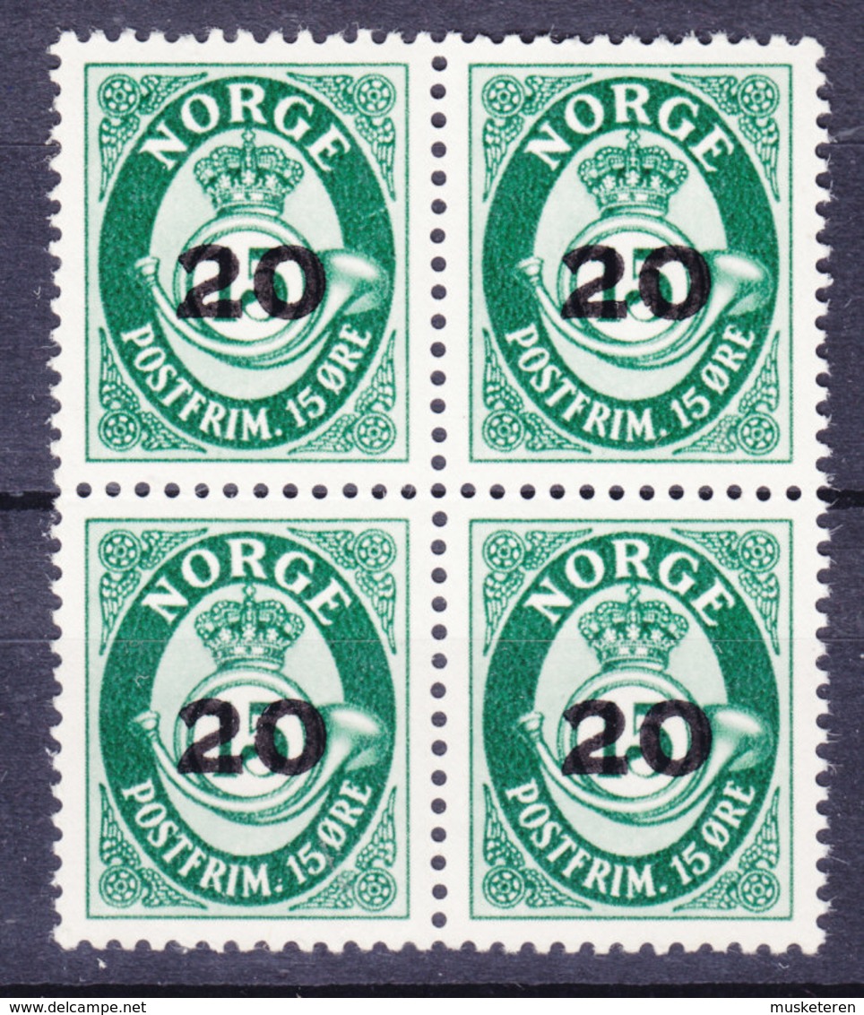 Norway 1952 Mi. 378    20 Øre Auf 15 Øre Posthorn Overprinted 4-Block ERROR Variety Notch In '2' In 20 MNH** - Abarten Und Kuriositäten