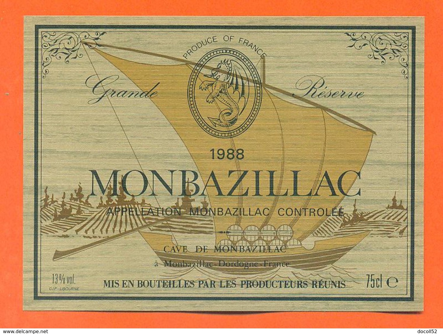 étiquette Vin De Monbazillac 1988 Les Producteurs Réunis à Monbazillac - 75 Cl - Voillier - Monbazillac