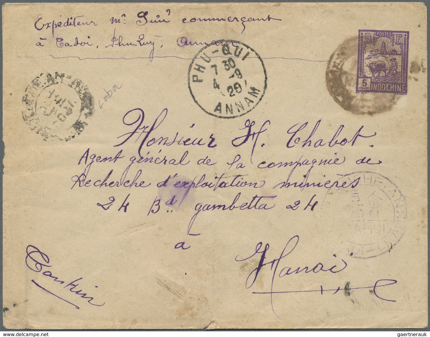 GA Französisch-Indochina: 1929. Postal Stationery Envelope 5c Violet Addressed To Hanoi Cancelled By 'K - Brieven En Documenten