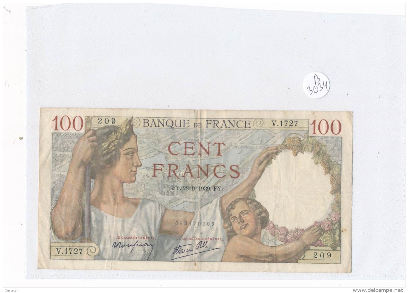 Billets -B3034 -France - 100 Francs 1939  (type, Nature, Valeur, état... Voir  Double Scan) - 100 F 1939-1942 ''Sully''