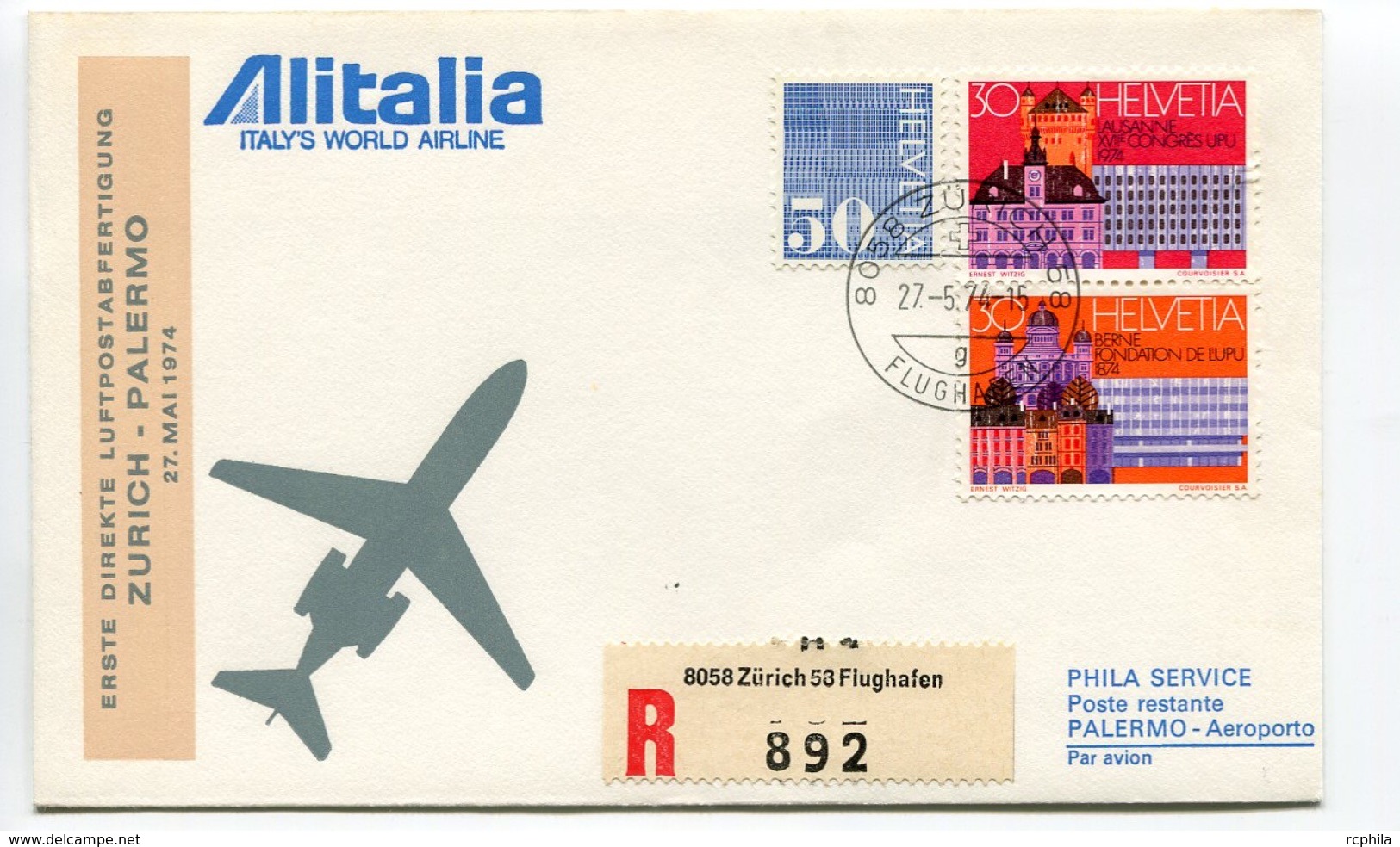 RC 6643 ITALIE 1974 1er VOL ALITALIA ZURICH SUISSE - PALERMO RETOUR FFC LETTRE COVER - Poste Aérienne