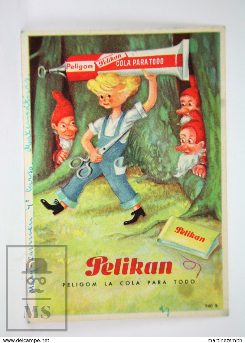 Vintage Illustrated Advertising Blotter Paper - Pelikan Peligom Glue - Boy And Dwarfs - P