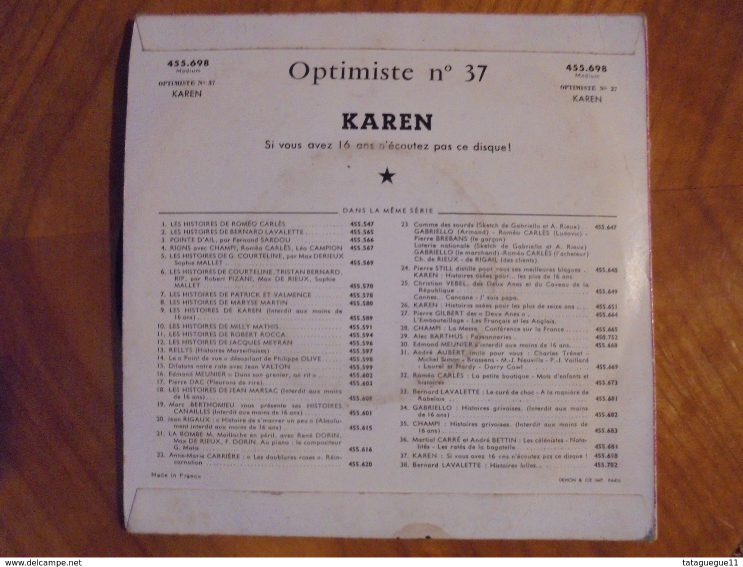 Disque Vinyle 45 T OPTIMISTE N° 37 Karen Années 60 - Humour, Cabaret