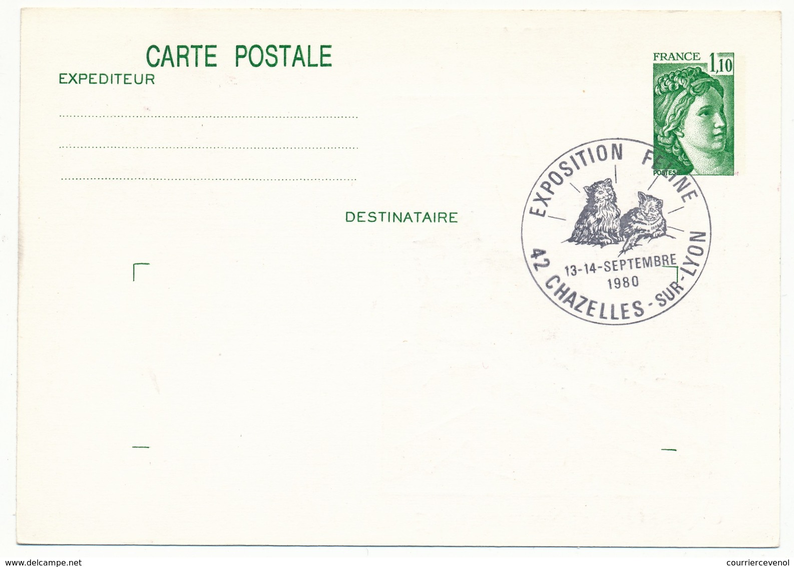 Entier Repiqué - 1,10 Sabine - Exposition Féline - 42 CHAZELLES SUR LYON - 1980 Impression R Verso - Cartes Postales Repiquages (avant 1995)