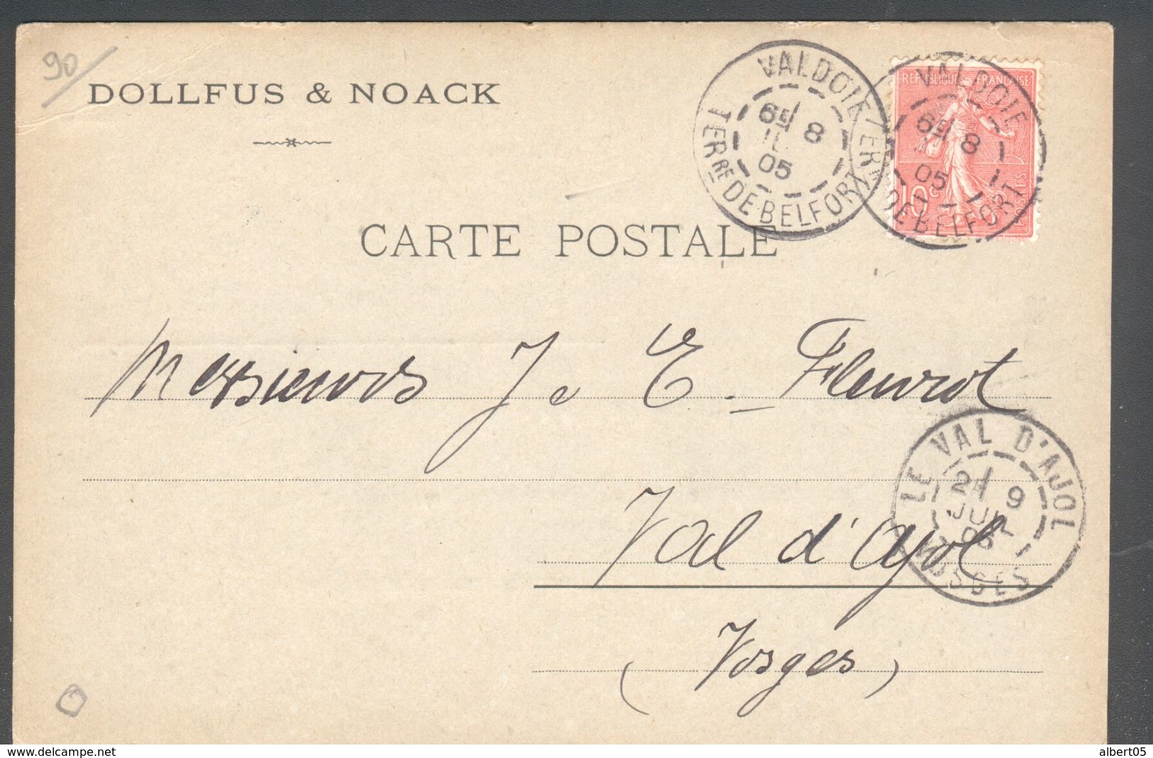 90 - Valdoie - Carte Postale Dollfuss & Noach  - Semeuse 10c Lignée  1905 - Valdoie