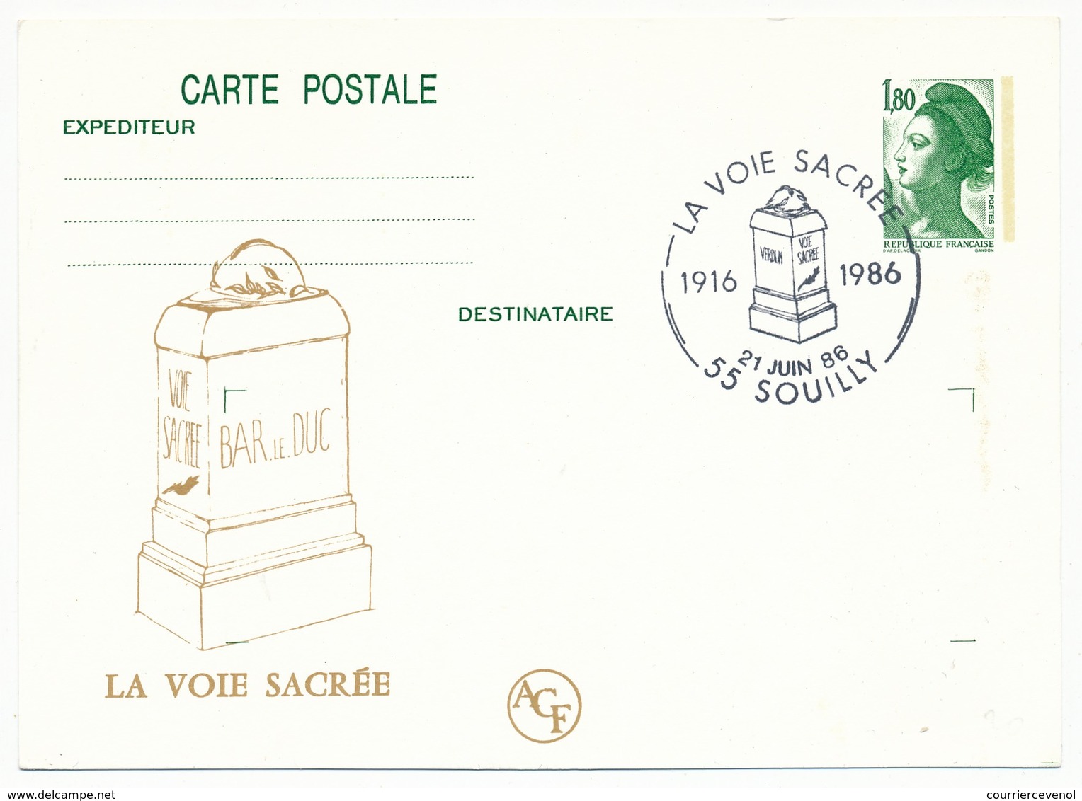 FRANCE - Entier Repiqué - 1,80 Liberté - La Voie Sacrée - 55 SOUILLY - 1986 - Cartes Postales Repiquages (avant 1995)