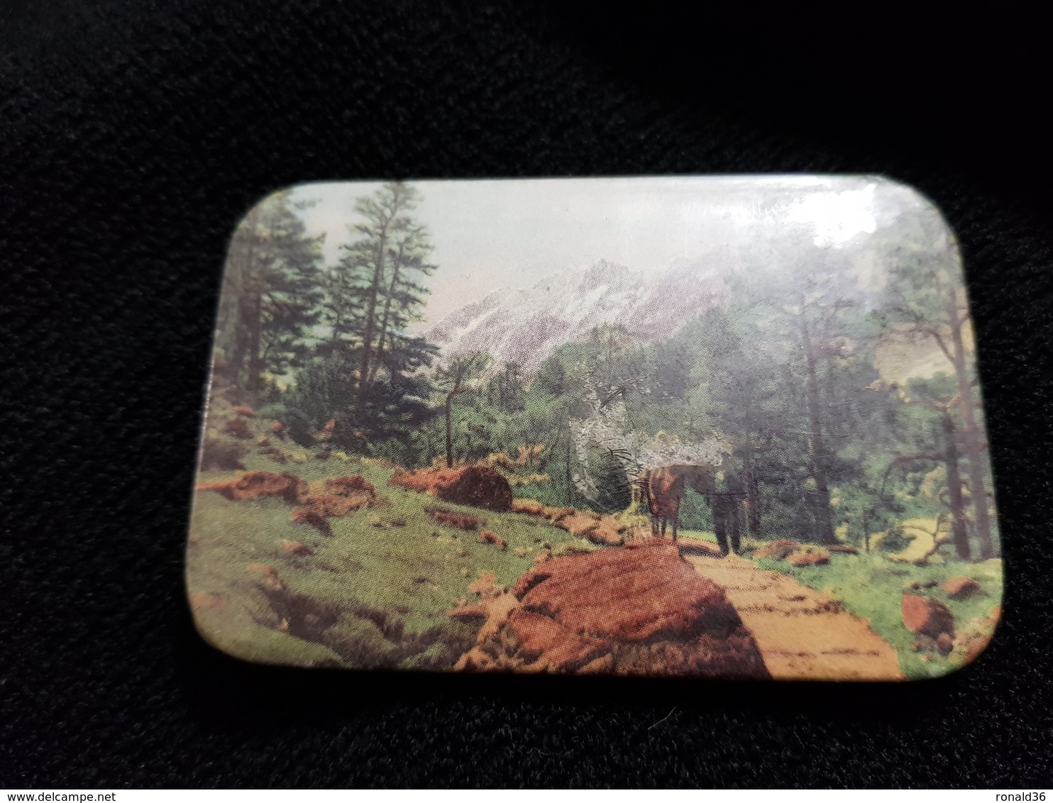 Petite Glace 1920/40 Miroir De Sac A Main Pour Femme Image Chromo Paysage De Montagne Promenade En Cheval Ane Vache ? - Accessories