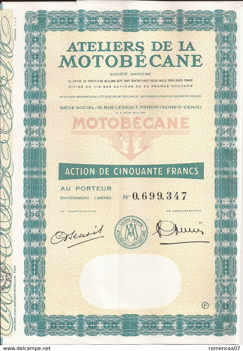Action ATELIERS De La MOTOBECANE (2) - PANTIN (Seine-Saint-Denis) - 50 Francs  - Présence De 13 Coupons - Mobylette - Transport