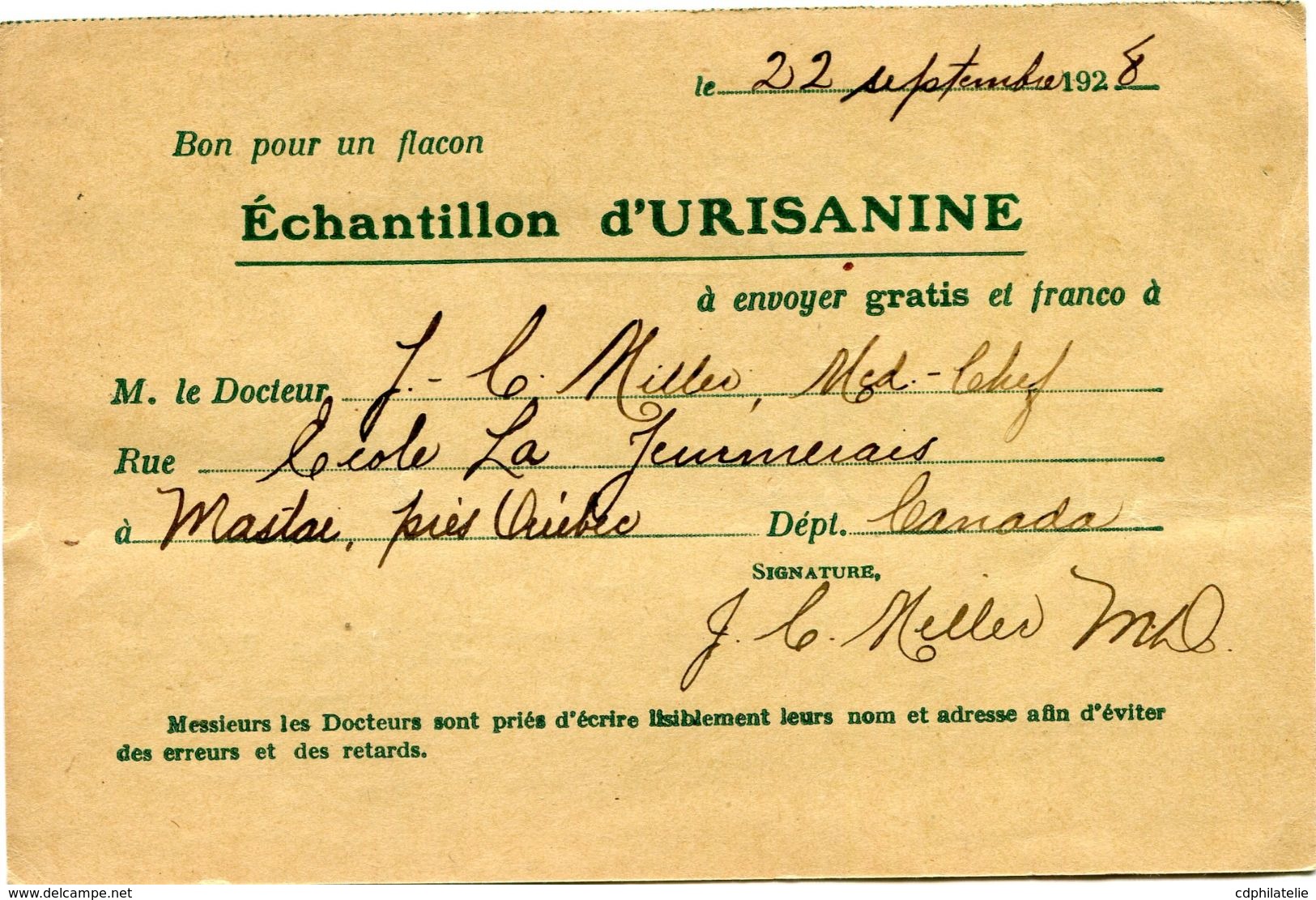 CANADA CARTE POSTALE BON POUR UN FLACON ECHANTILLON D'URISANINE DEPART MASTAI SP 24  28  POUR LA FRANCE - Briefe U. Dokumente