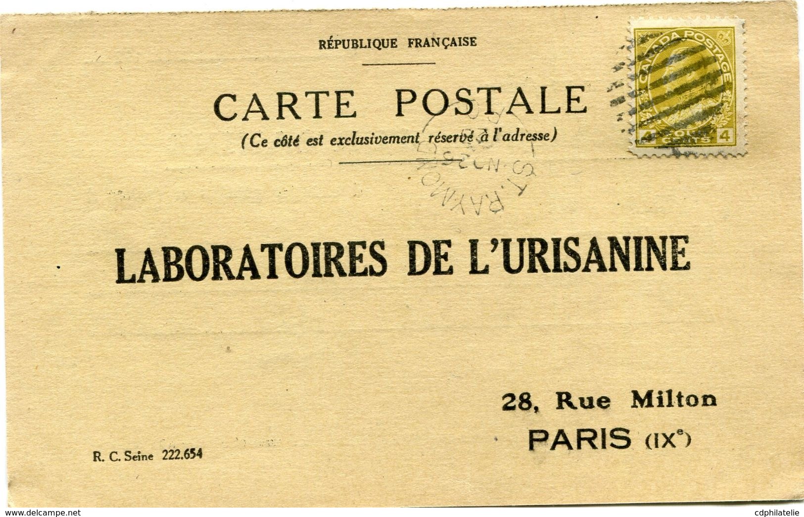 CANADA CARTE POSTALE BON POUR UN FLACON ECHANTILLON D'URISANINE DEPART ST RAYMOND NO 26  2?  POUR LA FRANCE - Cartas & Documentos