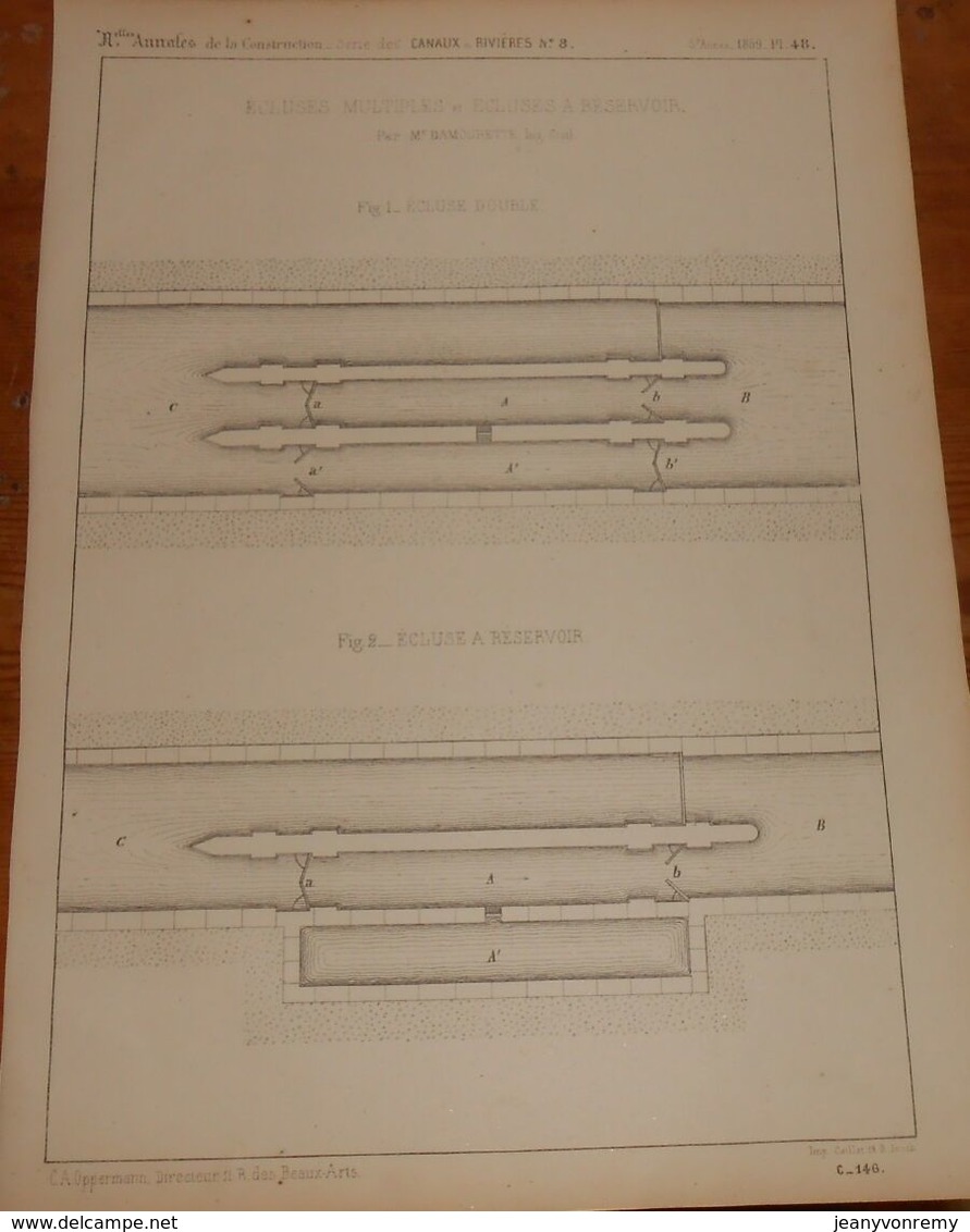 Plan D'écluses Multiples Et écluses à Réservoir. 1859. - Travaux Publics