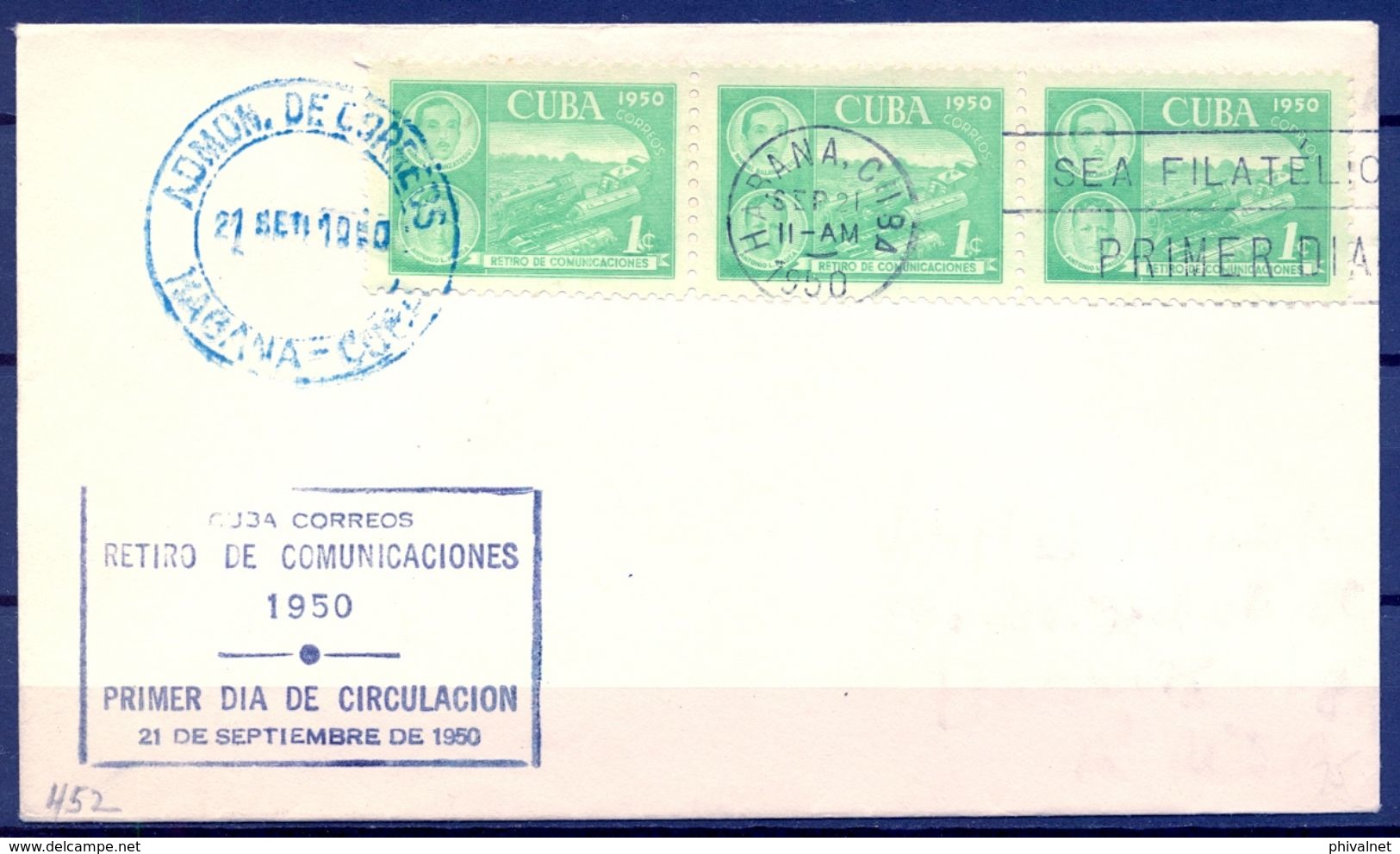 1950 , CUBA , SOBRE DE PRIMER DIA , RETIRO DE COMUNICACIONES - FDC