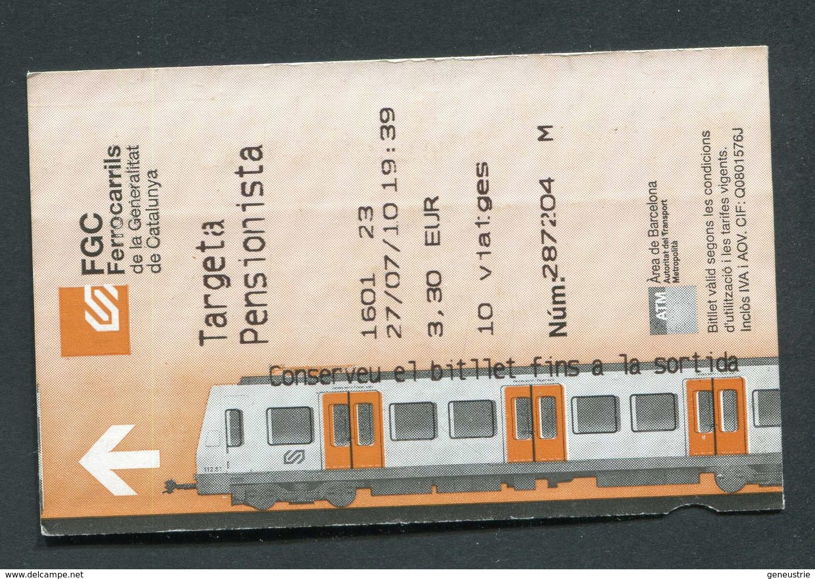 Ticket De Train De Barcelone "FGC Ferrocarrils" Billet De Transport - Europe