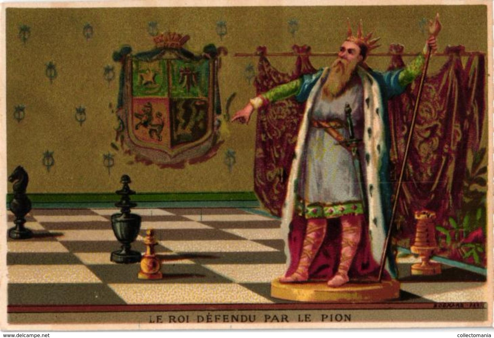 1 Trade Card Chromo  CHESS Game, Jeu D' ECHECS - SCHACH Spiel - Litho  BOGNARD Paris   Le Roi Noir Bien GARDE - Echecs